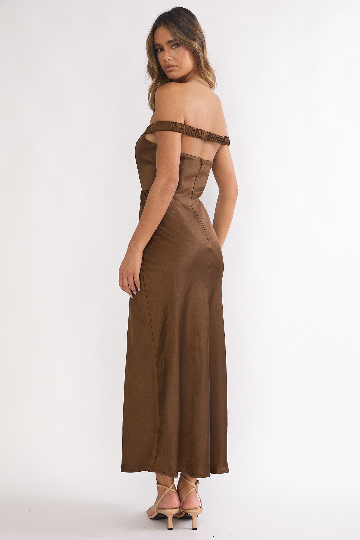 Cari Off-Shoulder Strap Maxi Dress Chocolate by Selfie Leslie Australia