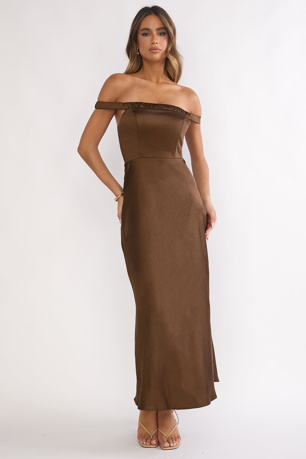 Cari Off-Shoulder Strap Maxi Dress Chocolate by Selfie Leslie Australia