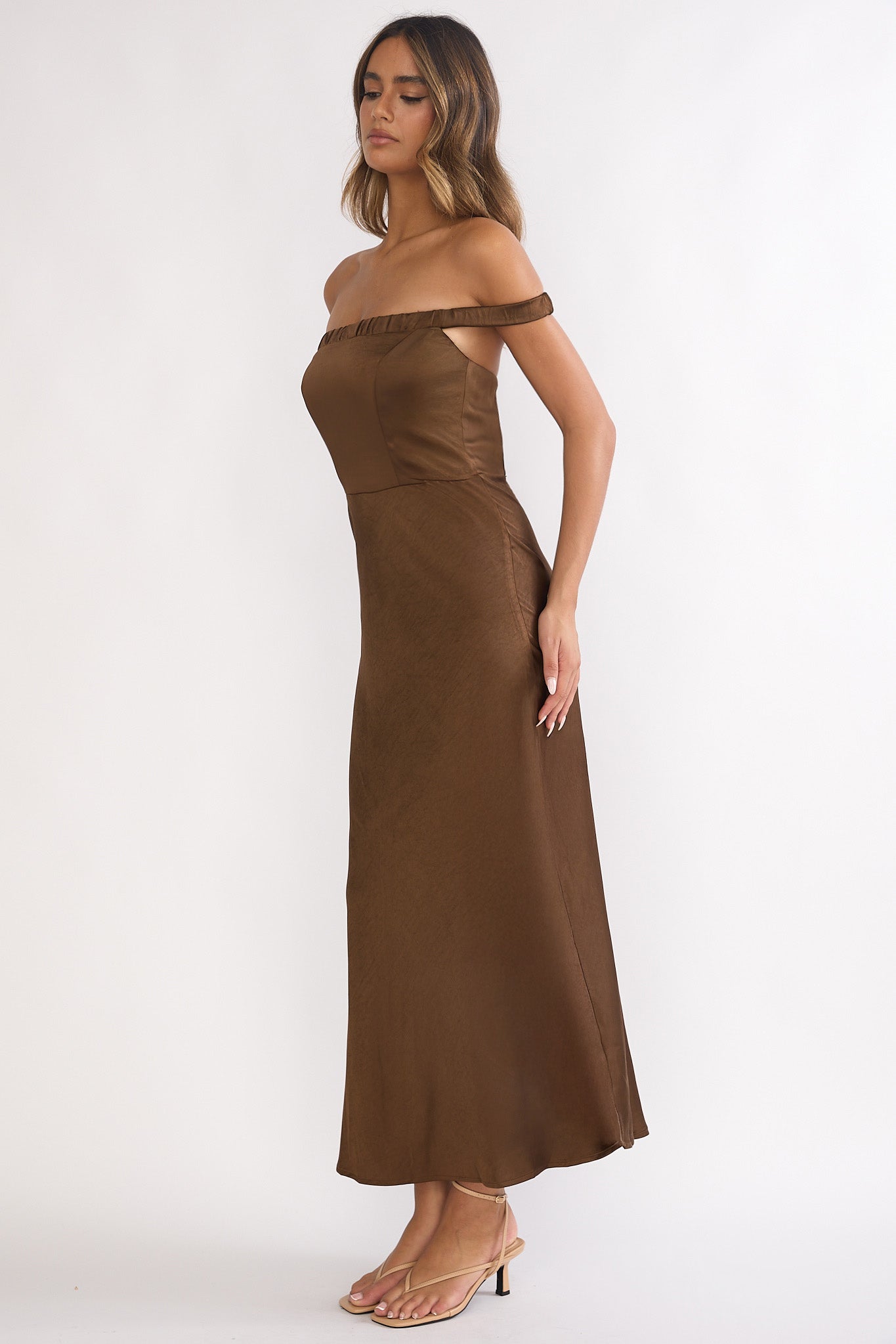 Cari Off-Shoulder Strap Maxi Dress Chocolate by Selfie Leslie Australia
