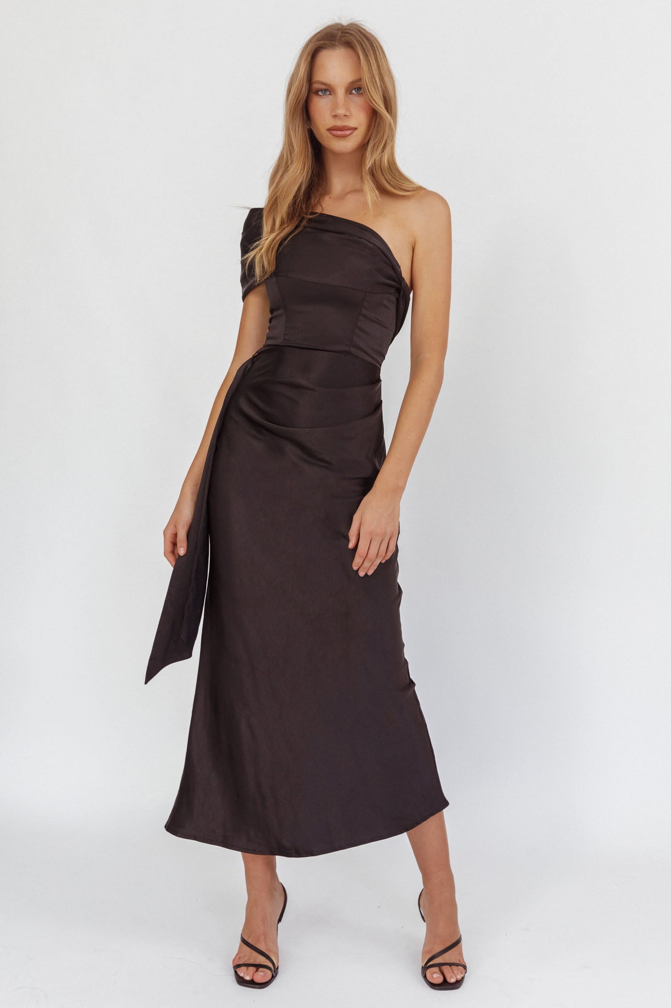 Guinevere One-Shoulder Waist Sash Maxi Dress Black by Selfie Leslie Australia