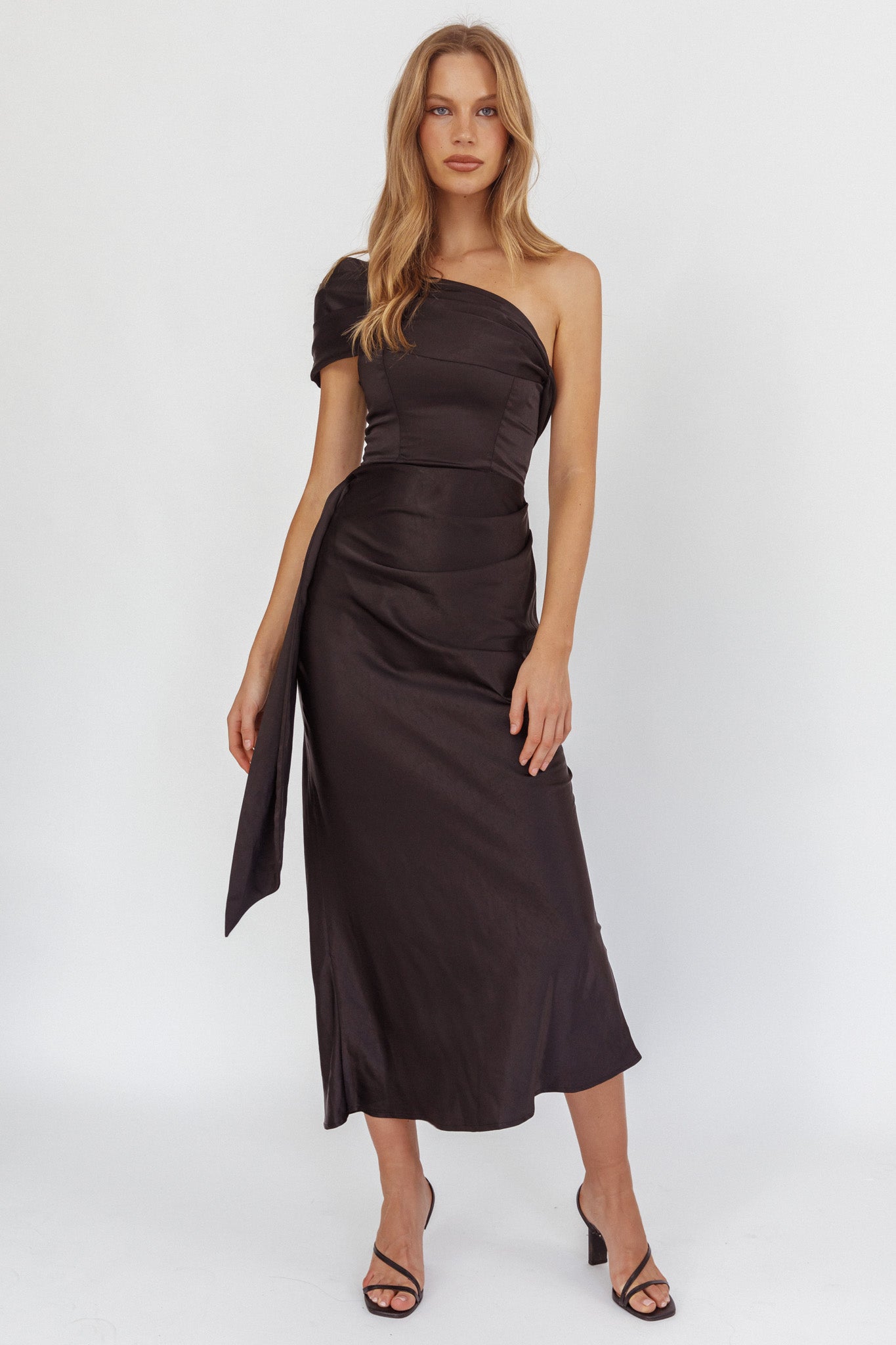 Guinevere One-Shoulder Waist Sash Maxi Dress Black by Selfie Leslie Australia