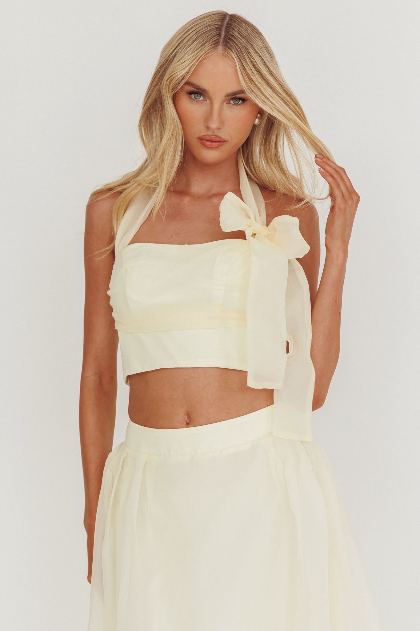 Simple Things Bow Halter Crop Top Butter by Selfie Leslie Australia