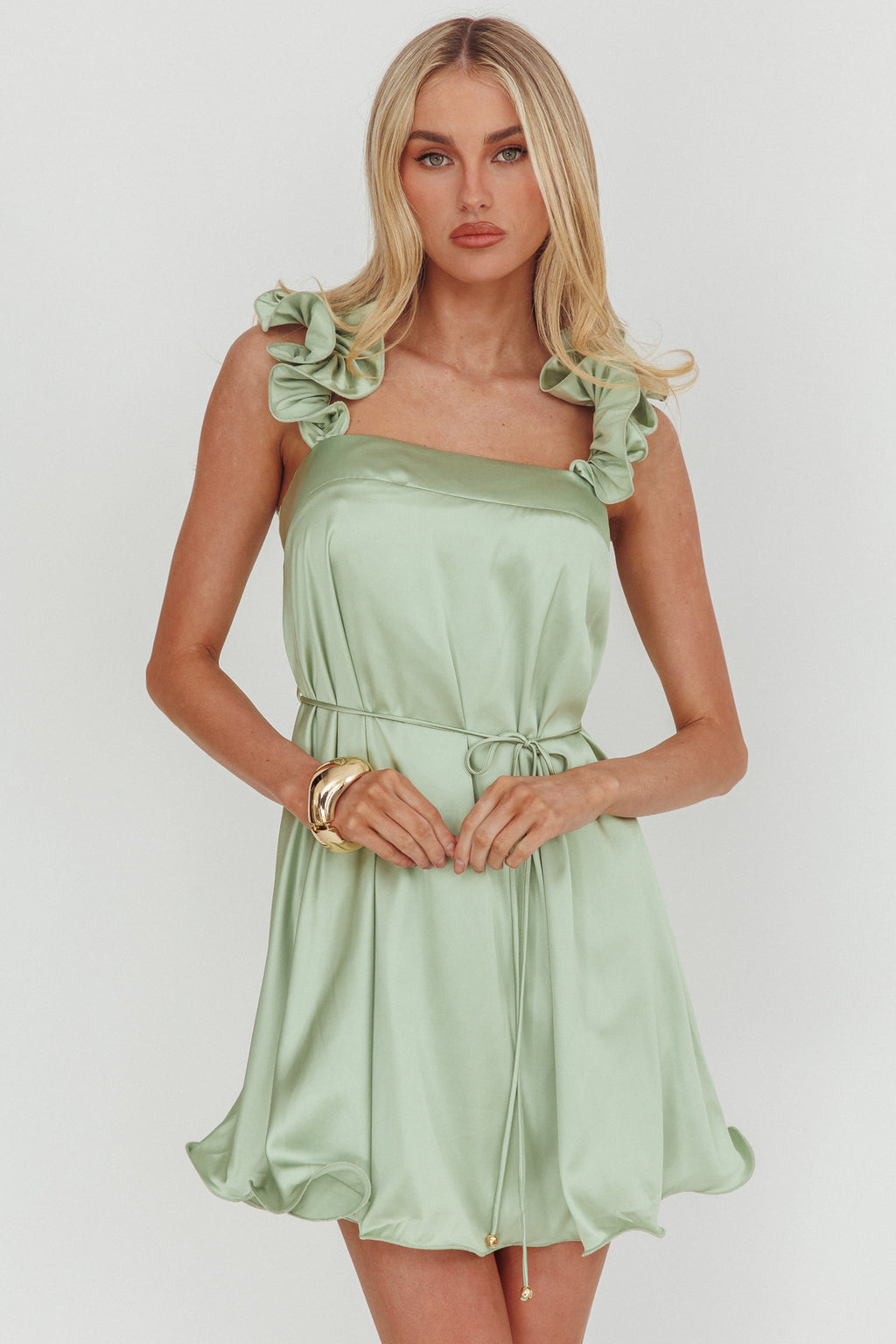 Glow Lettuce Edge Strap Mini Dress Pistachio by Selfie Leslie Australia