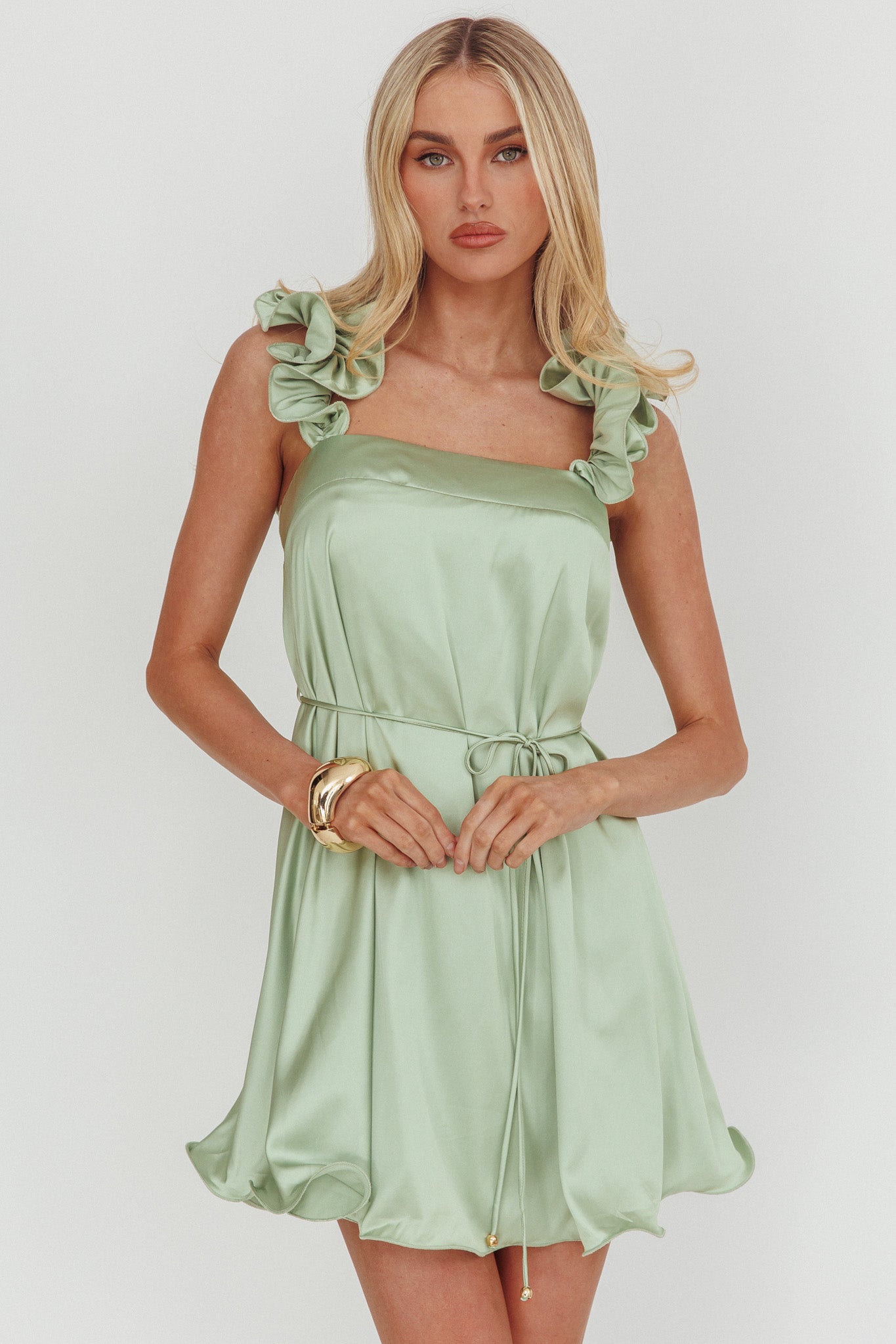 Glow Lettuce Edge Strap Mini Dress Pistachio by Selfie Leslie Australia