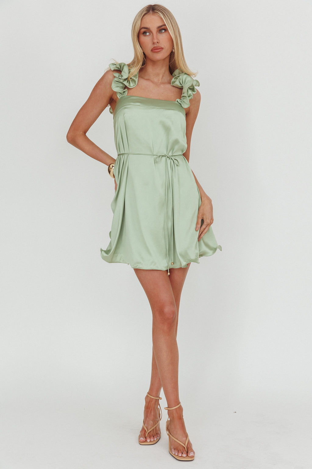 Glow Lettuce Edge Strap Mini Dress Pistachio by Selfie Leslie Australia