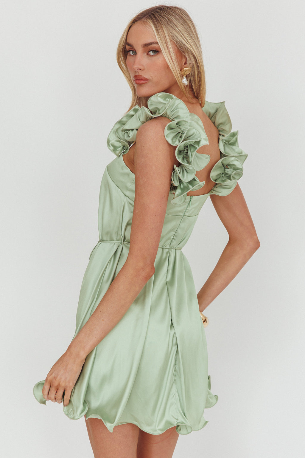 Glow Lettuce Edge Strap Mini Dress Pistachio by Selfie Leslie Australia