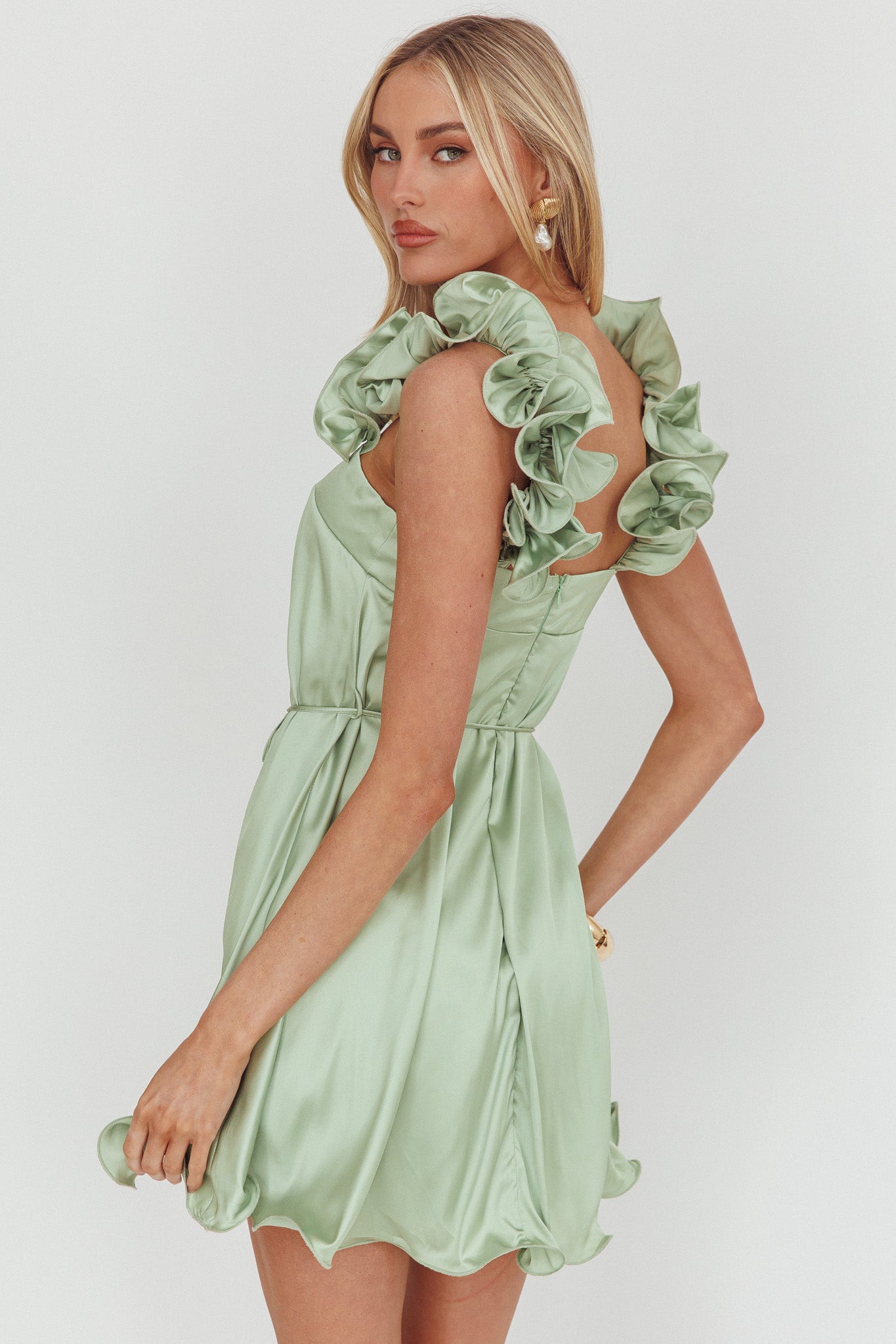 Glow Lettuce Edge Strap Mini Dress Pistachio by Selfie Leslie Australia