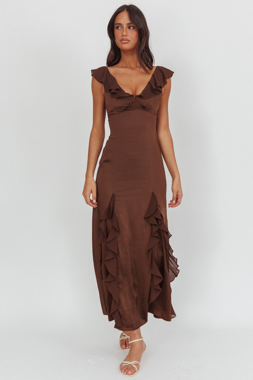 Zerai Ruffle Trimmed Maxi Dress Chocolate by Selfie Leslie Australia