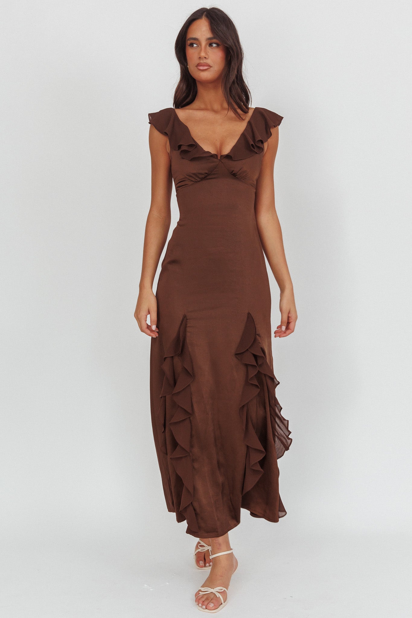 Zerai Ruffle Trimmed Maxi Dress Chocolate by Selfie Leslie Australia