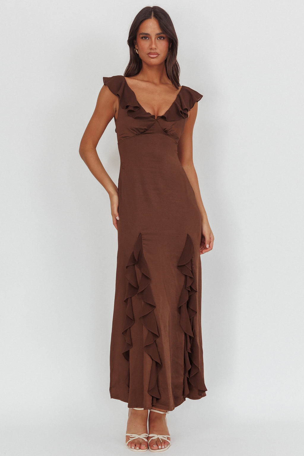 Zerai Ruffle Trimmed Maxi Dress Chocolate by Selfie Leslie Australia