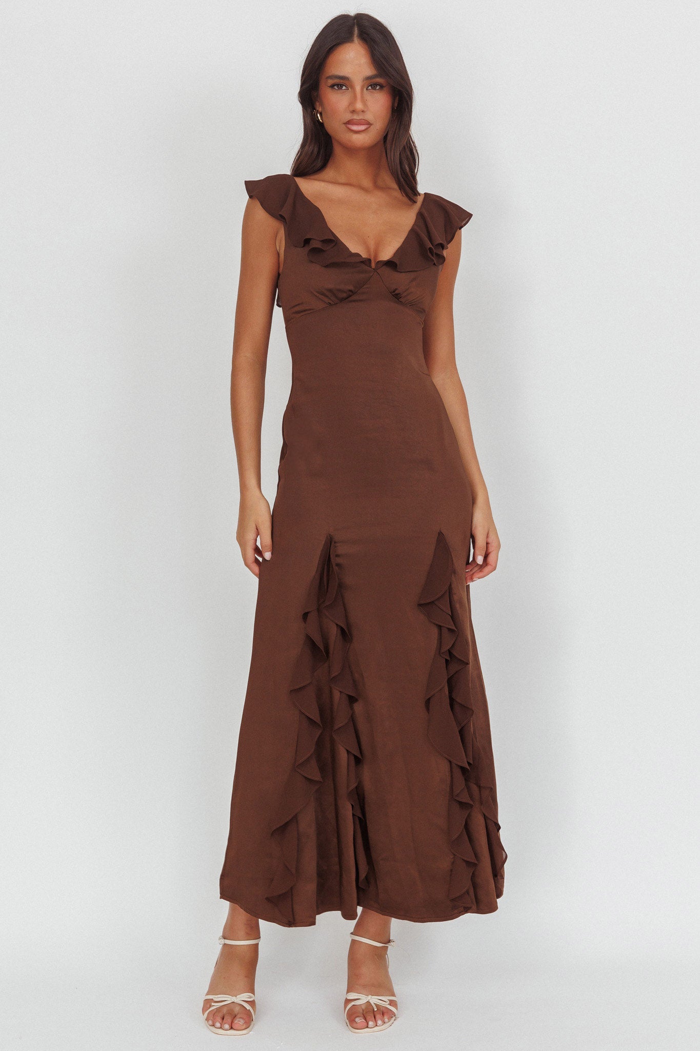 Zerai Ruffle Trimmed Maxi Dress Chocolate by Selfie Leslie Australia
