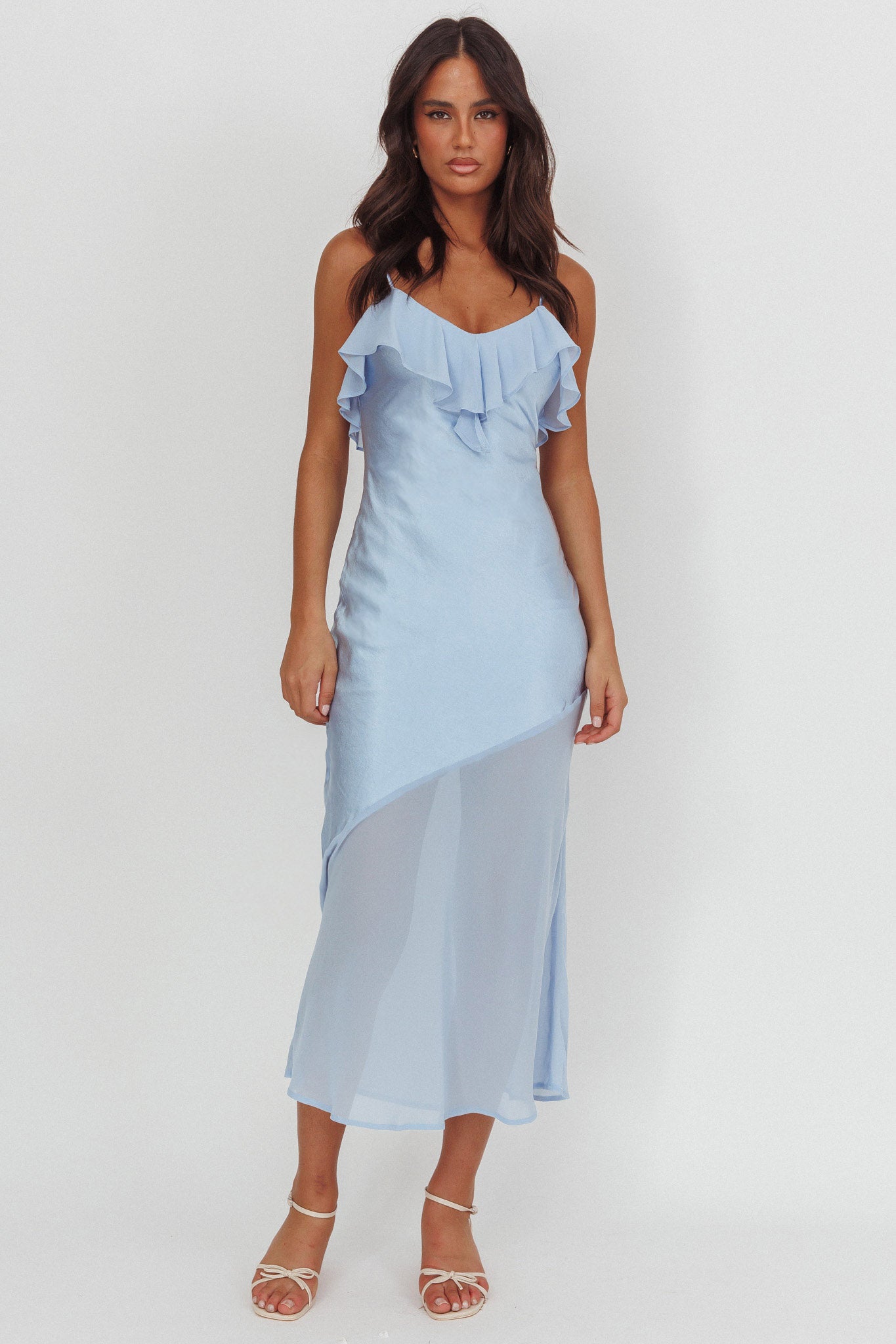 Talula Sheer Hem Ruffle Midi Dress Blue by Selfie Leslie Australia
