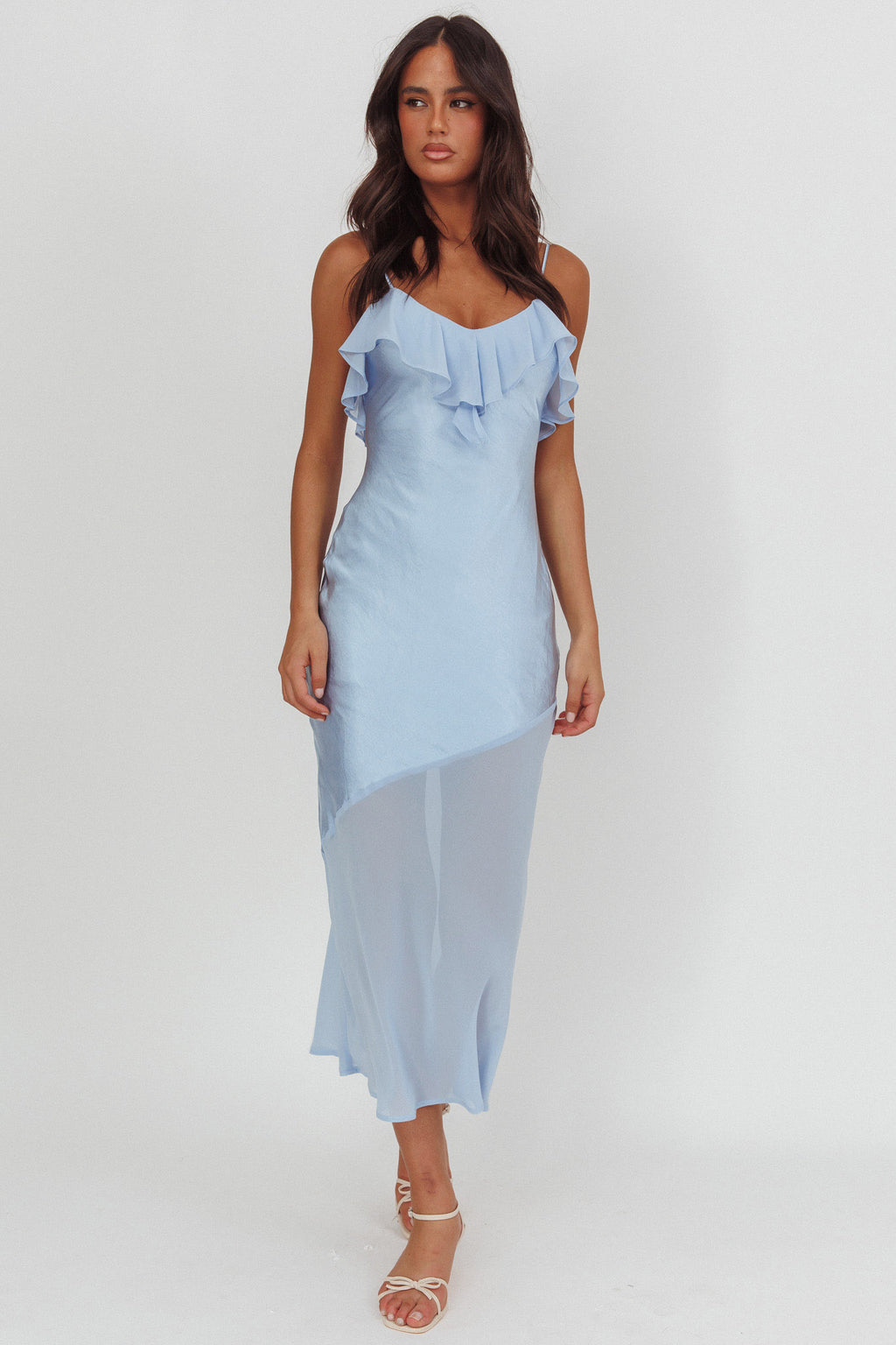 Talula Sheer Hem Ruffle Midi Dress Blue by Selfie Leslie Australia