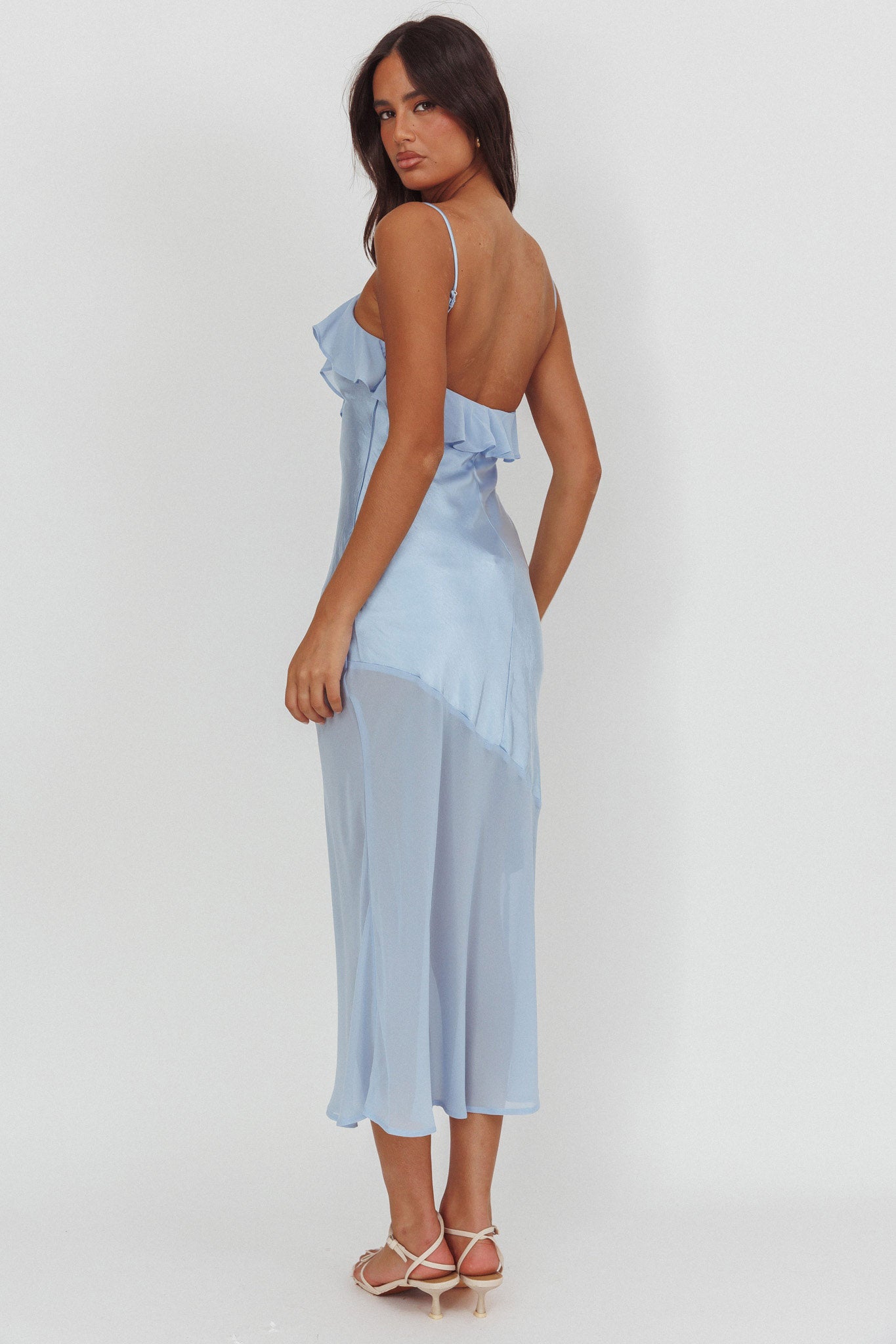 Talula Sheer Hem Ruffle Midi Dress Blue by Selfie Leslie Australia