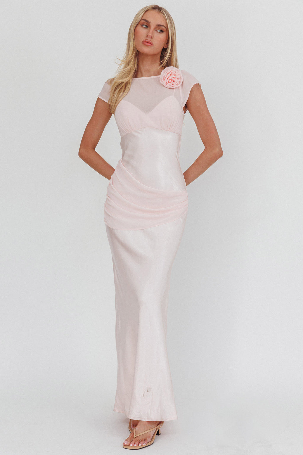 Enchanted Dusk Cap Sleeve Rosette Maxi Dress Pink by Selfie Leslie Australia