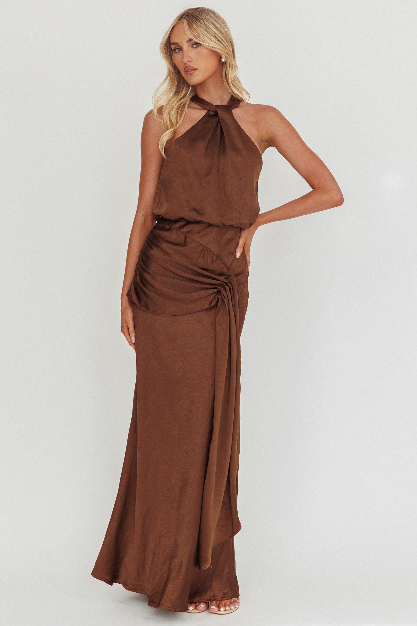 Linette Halterneck Draped Sash Maxi Dress Chocolate by Selfie Leslie Australia