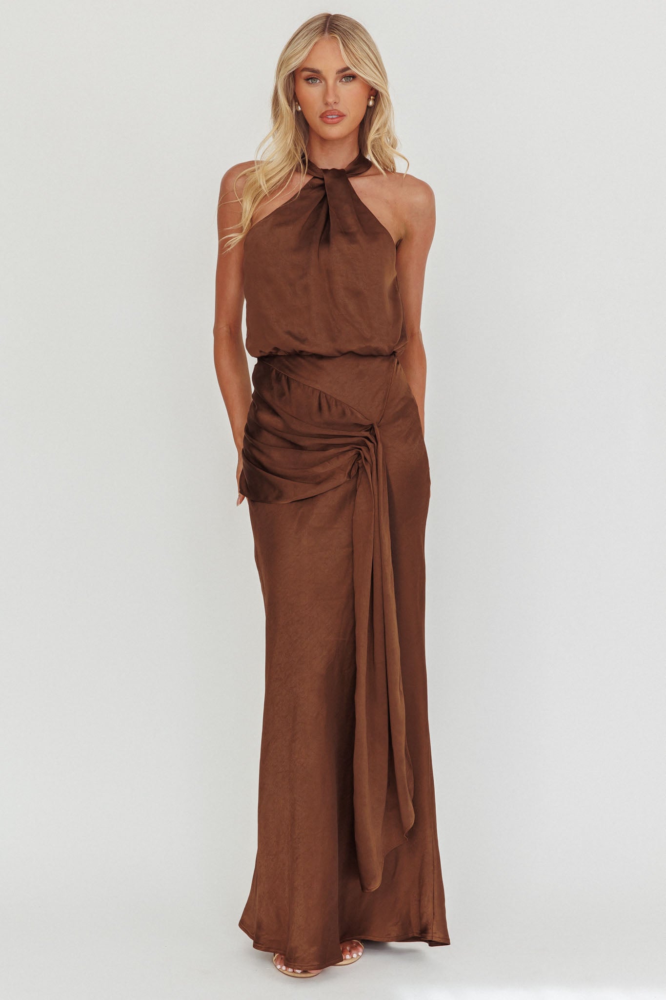 Linette Halterneck Draped Sash Maxi Dress Chocolate by Selfie Leslie Australia