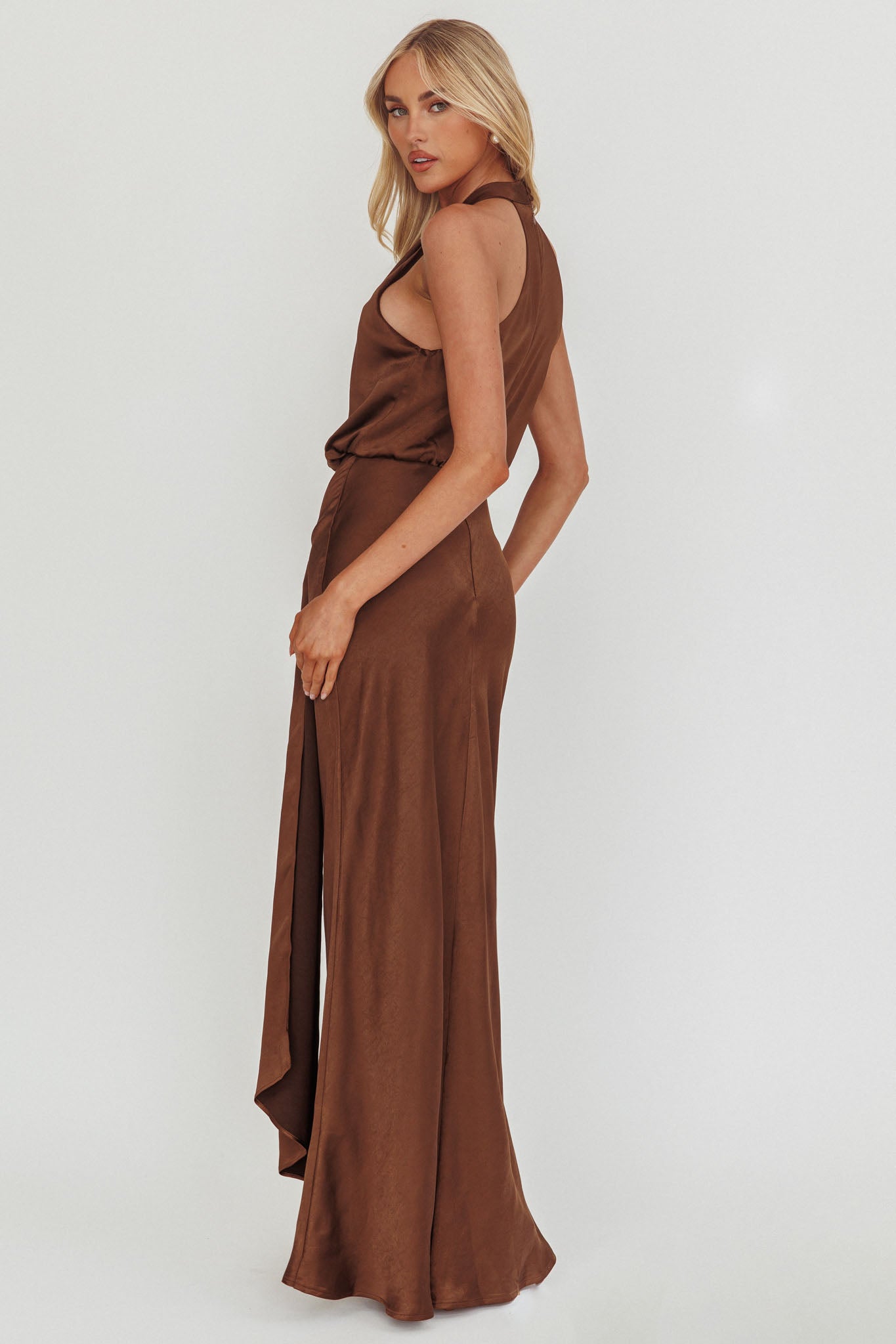 Linette Halterneck Draped Sash Maxi Dress Chocolate by Selfie Leslie Australia
