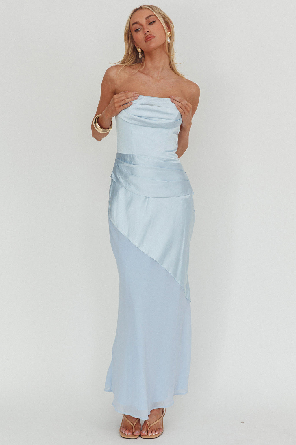 Moon Aura Pleat Detail Strapless Maxi Dress Blue by Selfie Leslie Australia