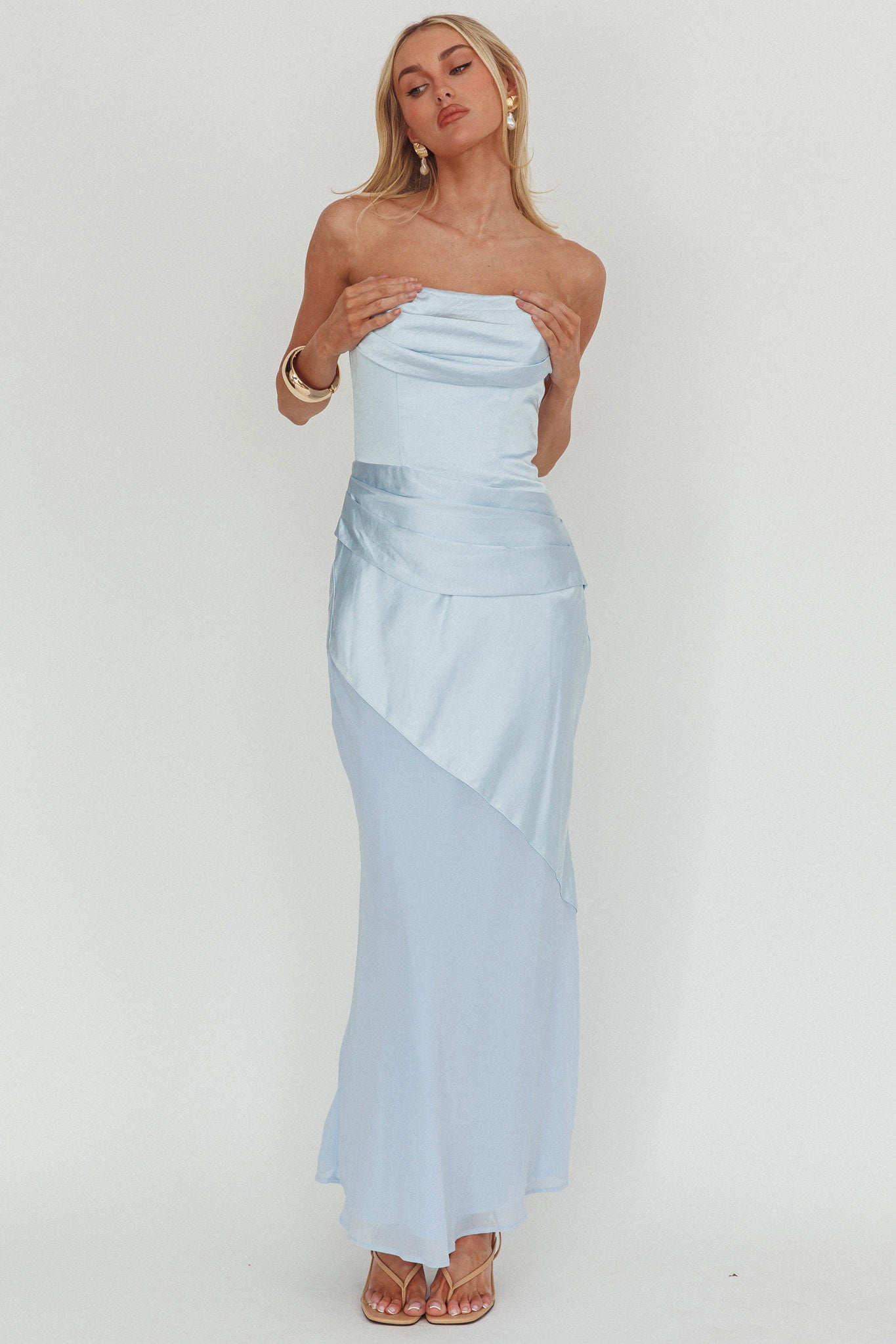 Moon Aura Pleat Detail Strapless Maxi Dress Blue by Selfie Leslie Australia