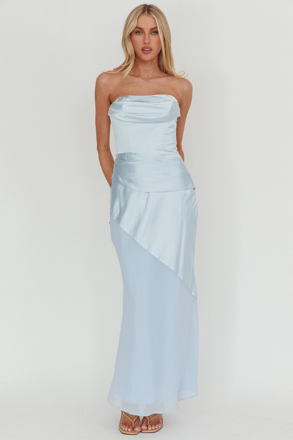 Moon Aura Pleat Detail Strapless Maxi Dress Blue by Selfie Leslie Australia
