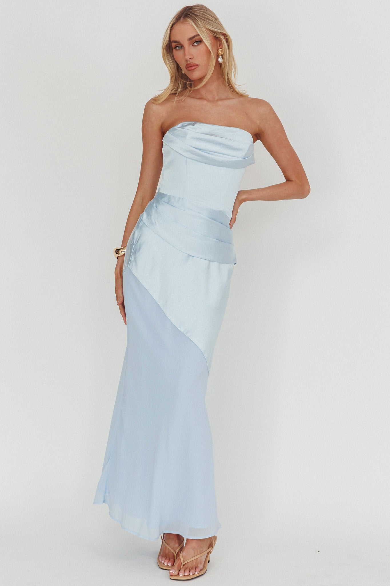 Moon Aura Pleat Detail Strapless Maxi Dress Blue by Selfie Leslie Australia