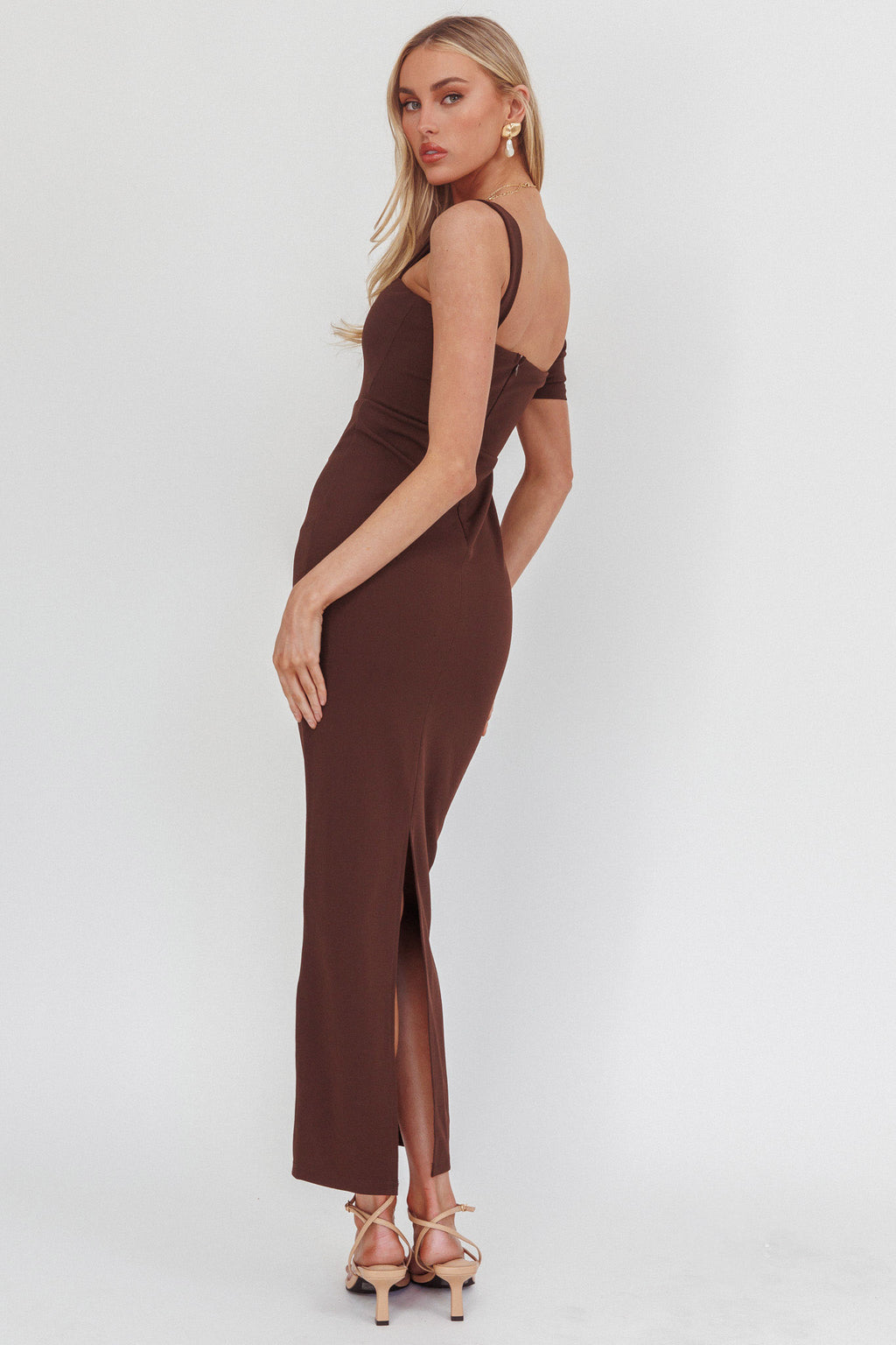 Saffra Asymmetric Shoulder Maxi Dress Chocolate by Selfie Leslie Australia