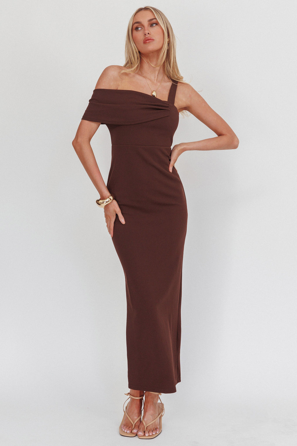 Saffra Asymmetric Shoulder Maxi Dress Chocolate by Selfie Leslie Australia