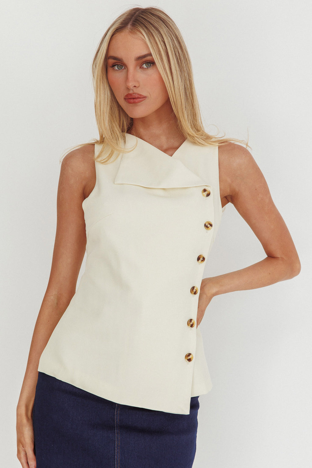 Monnika Sleeveless Side Button Top Oyster by Selfie Leslie Australia