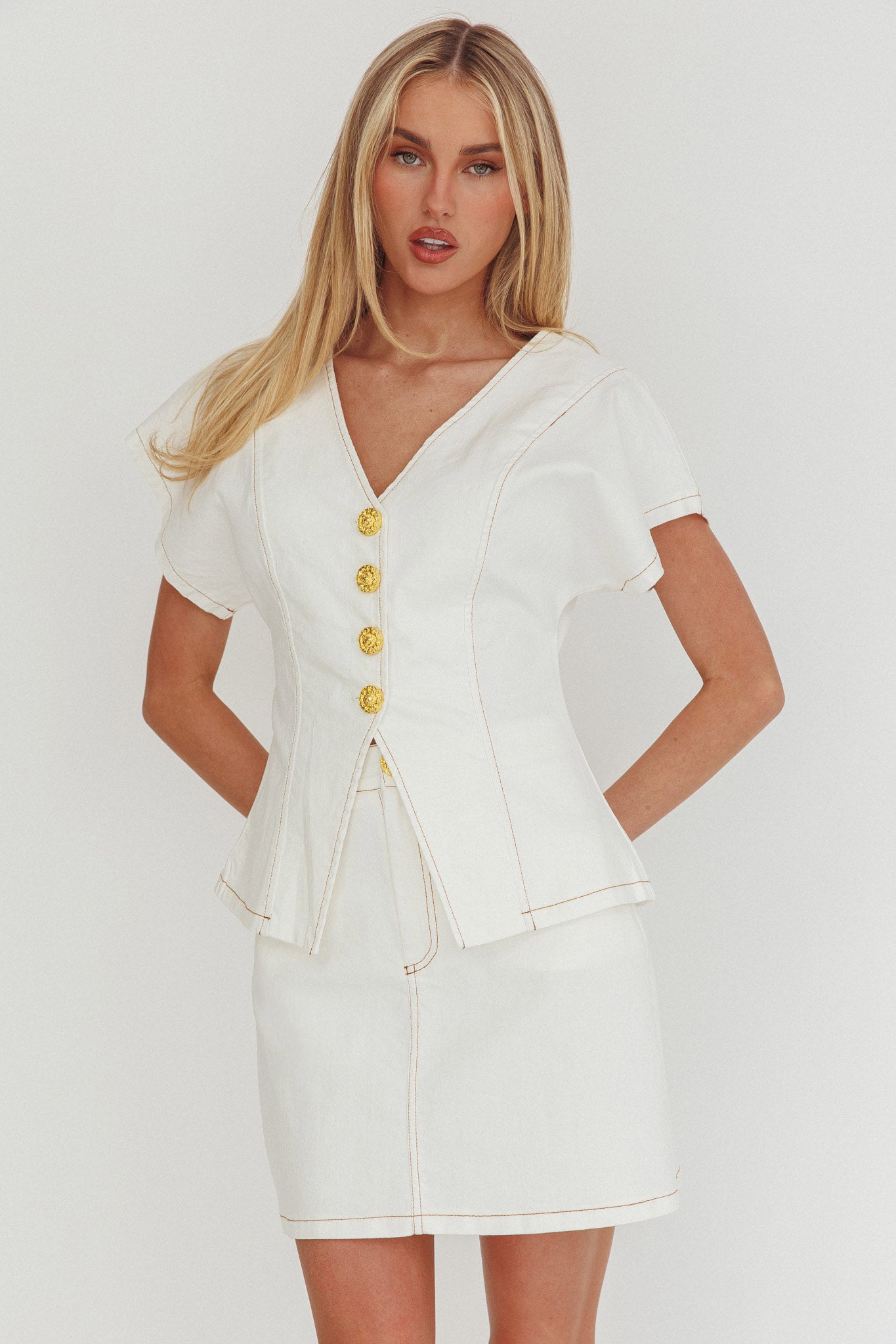 Over It Short Gold Button Mini Skirt Cream by Selfie Leslie Australia