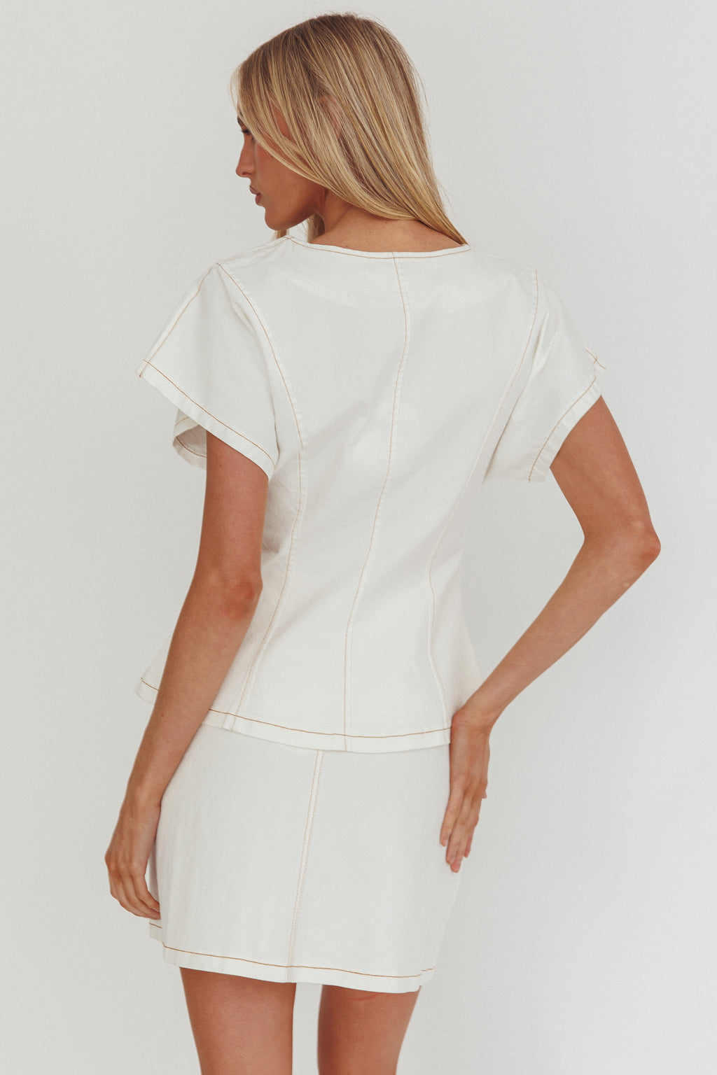 Over It Short Gold Button Mini Skirt Cream by Selfie Leslie Australia