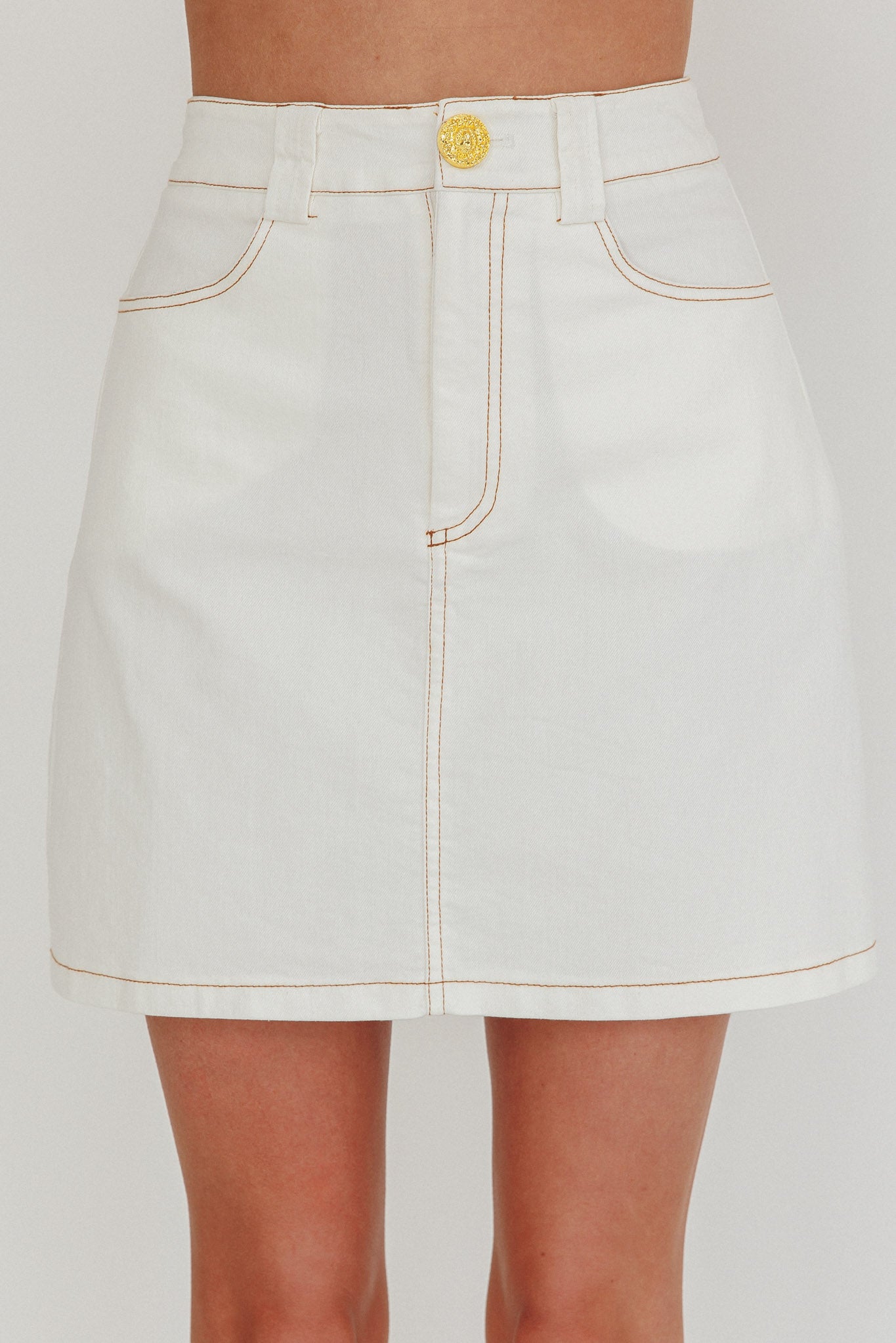 Over It Short Gold Button Mini Skirt Cream by Selfie Leslie Australia
