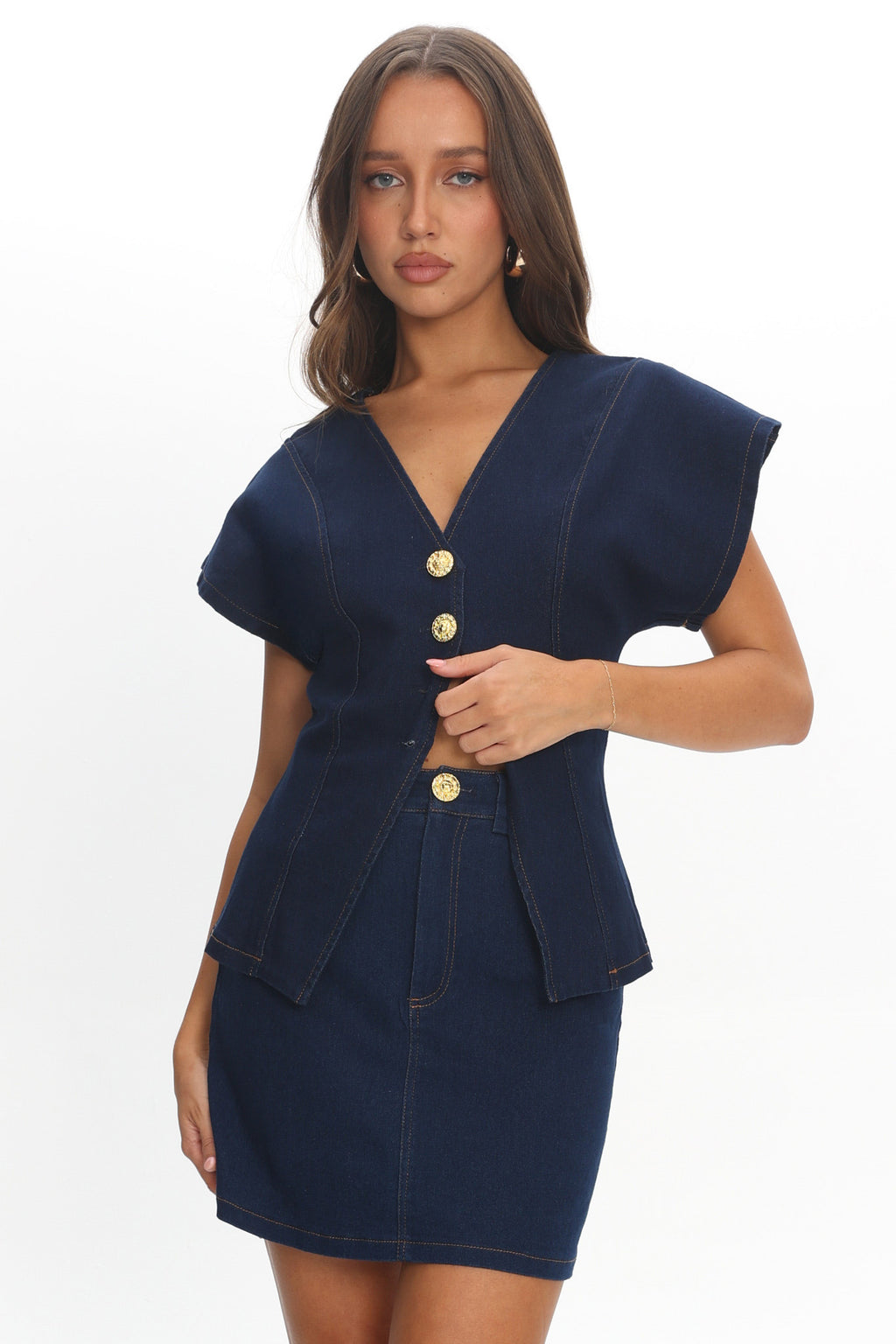 Over It Short Gold Button Mini Skirt Denim by Selfie Leslie Australia