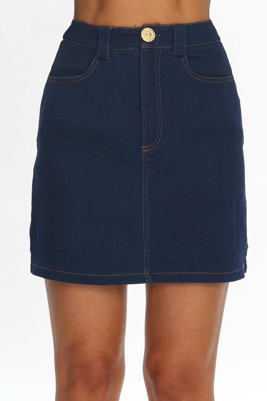 Over It Short Gold Button Mini Skirt Denim by Selfie Leslie Australia