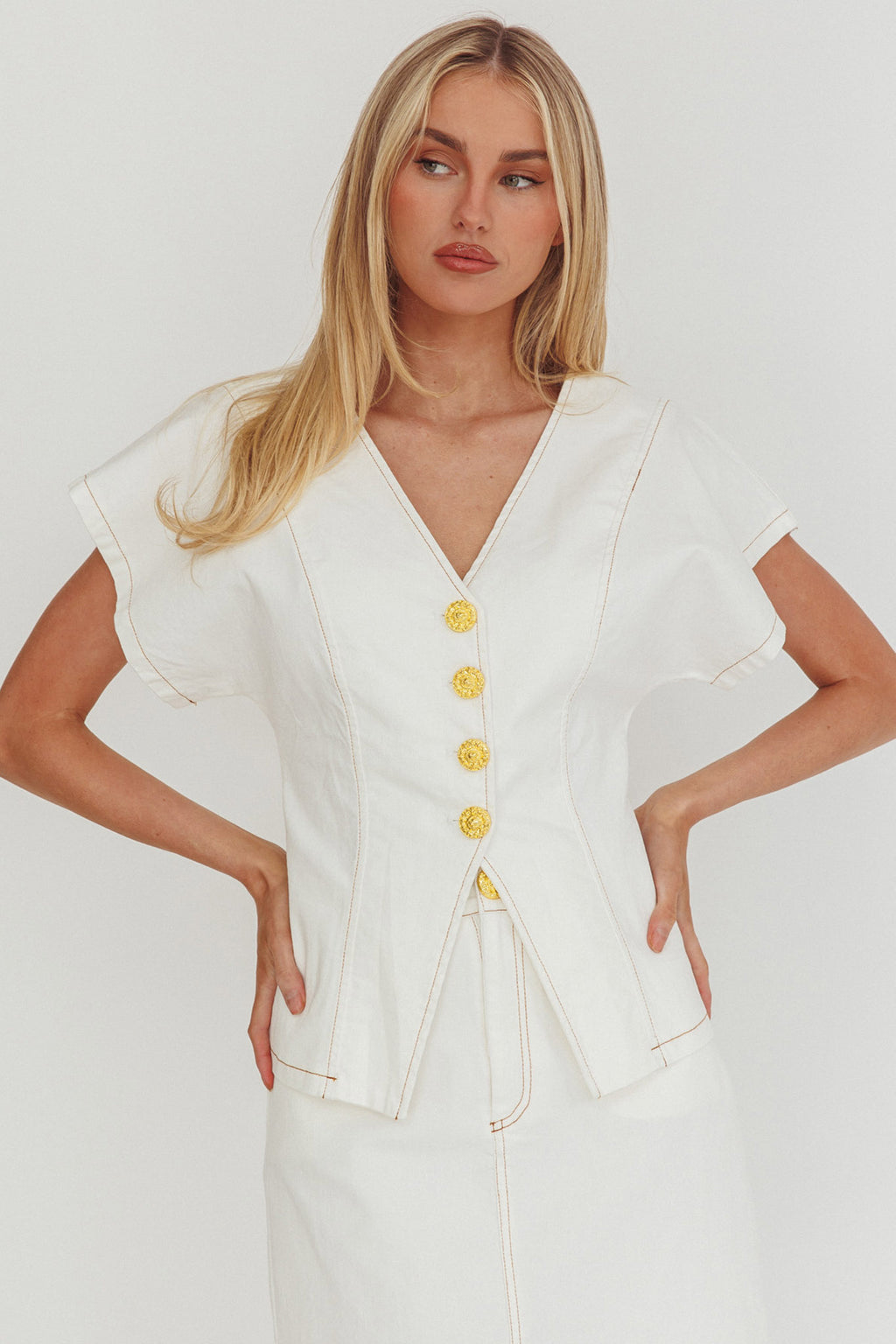 Over It Short Sleeve Button Top Cream by Selfie Leslie Australia