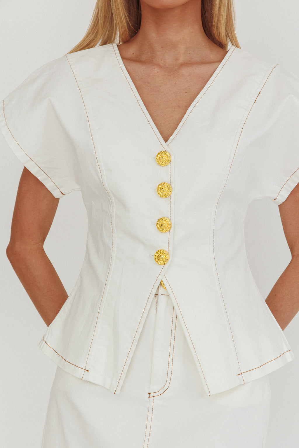 Over It Short Sleeve Button Top Cream by Selfie Leslie Australia