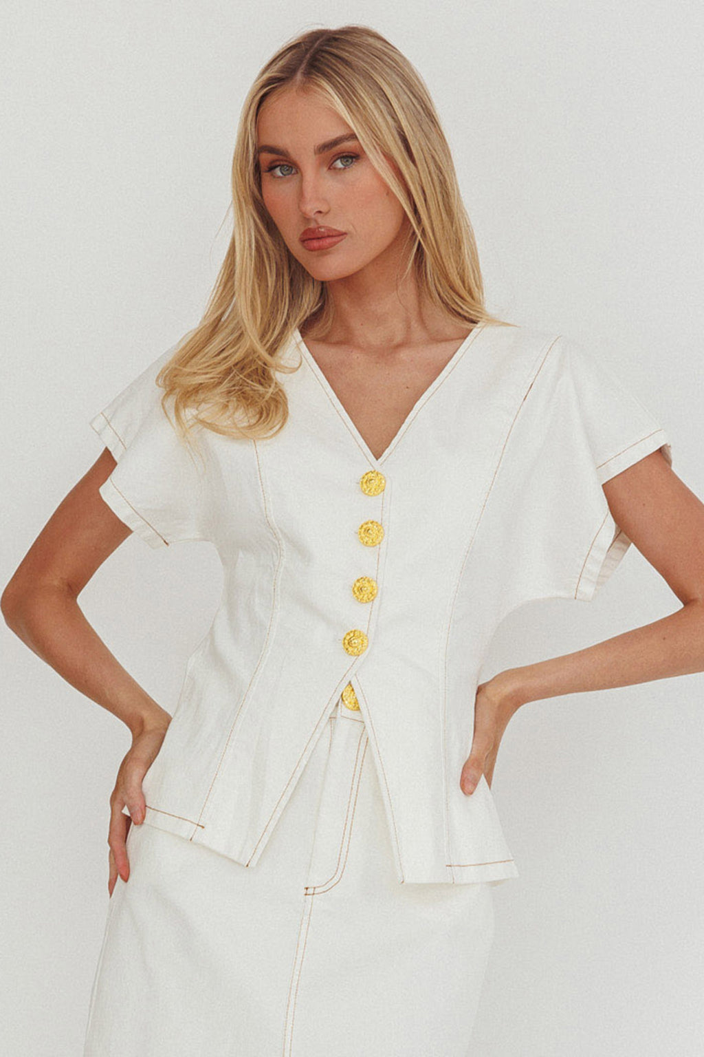 Over It Short Sleeve Button Top Cream by Selfie Leslie Australia