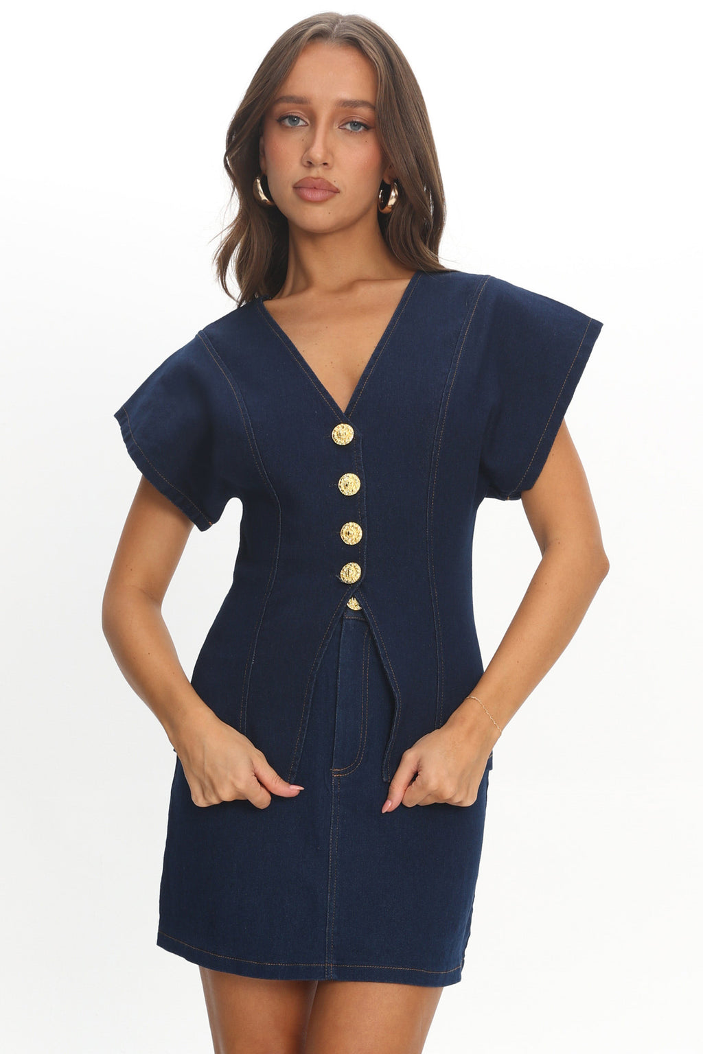 Over It Short Sleeve Button Top Denim by Selfie Leslie Australia