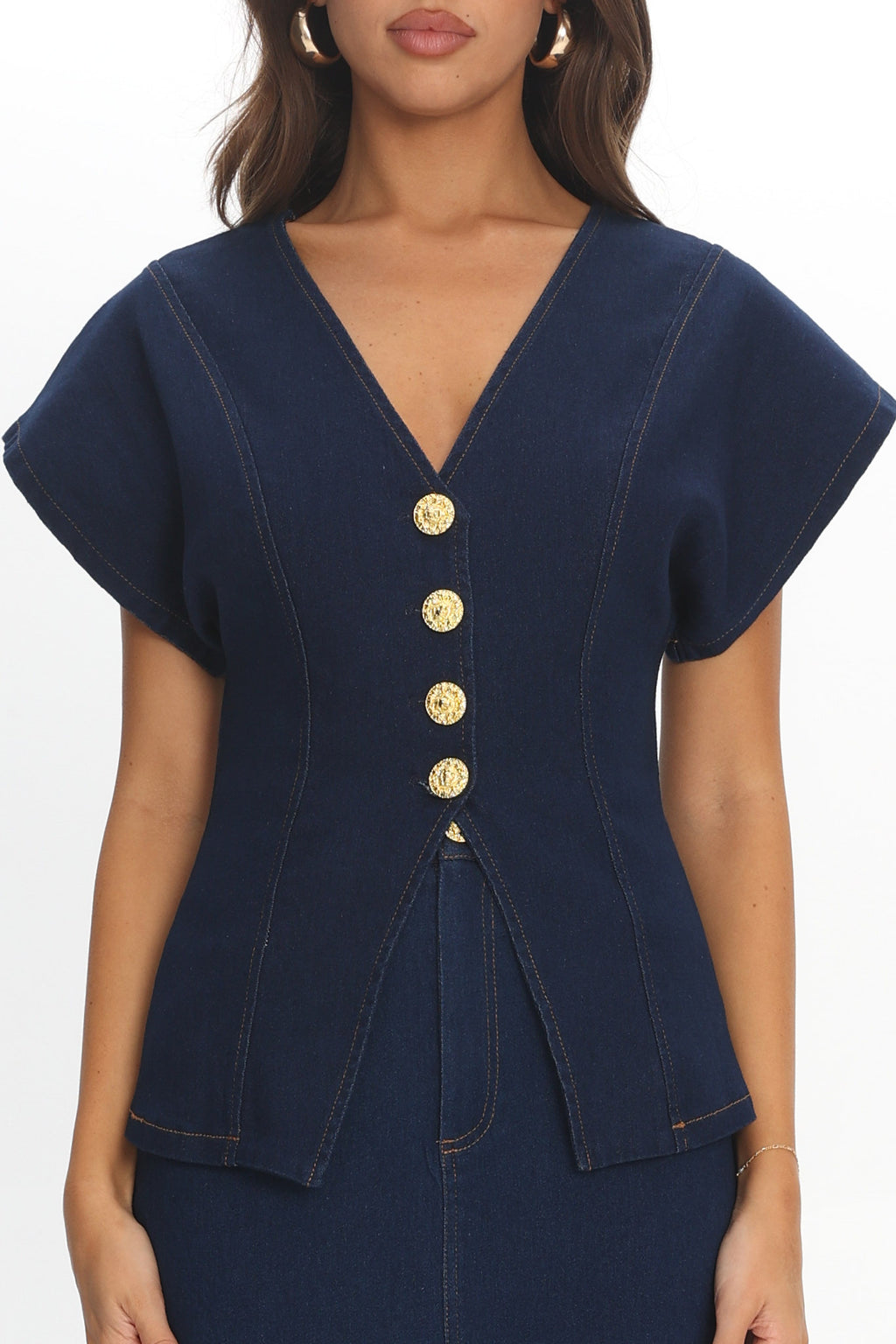 Over It Short Sleeve Button Top Denim by Selfie Leslie Australia
