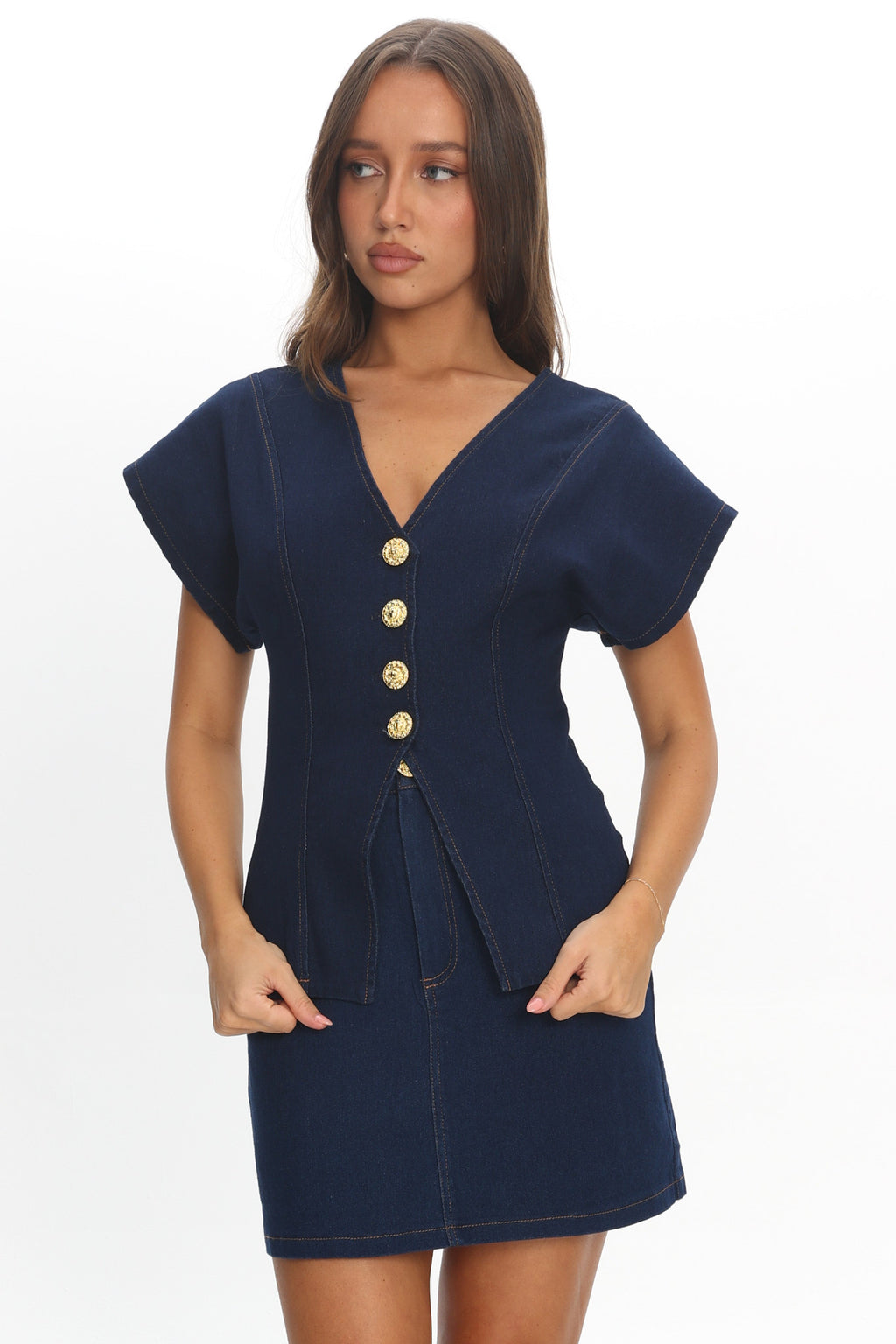 Over It Short Sleeve Button Top Denim by Selfie Leslie Australia