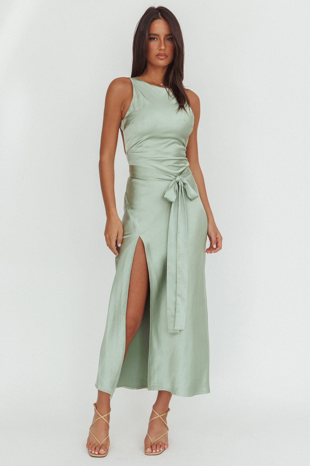 Standing By Backless Waist Tie Maxi Dress Sage by Selfie Leslie Australia