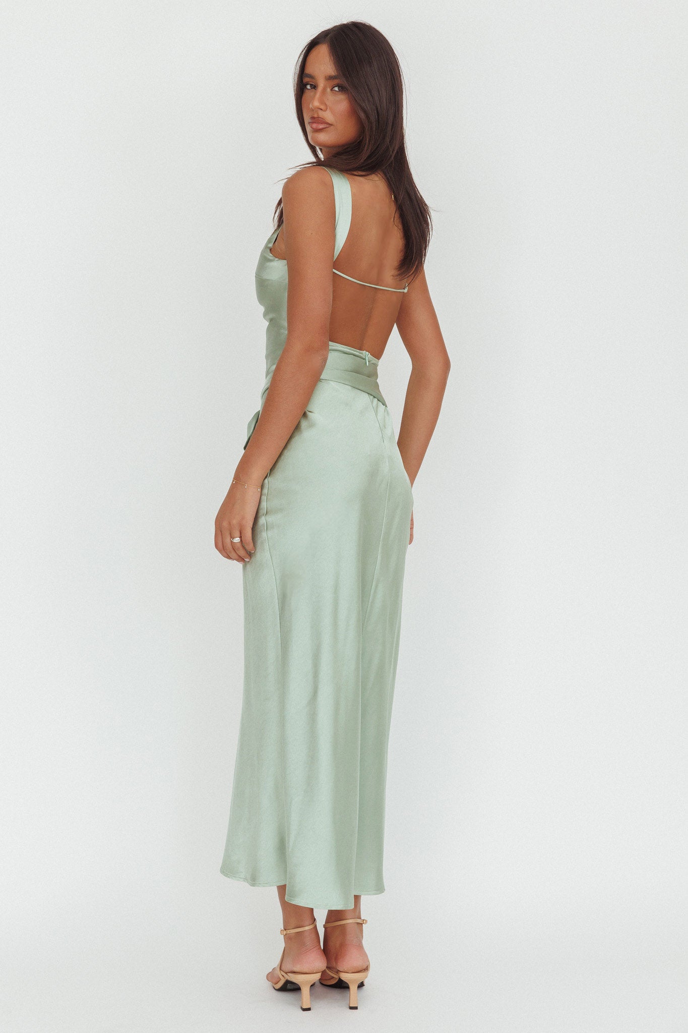 Standing By Backless Waist Tie Maxi Dress Sage by Selfie Leslie Australia