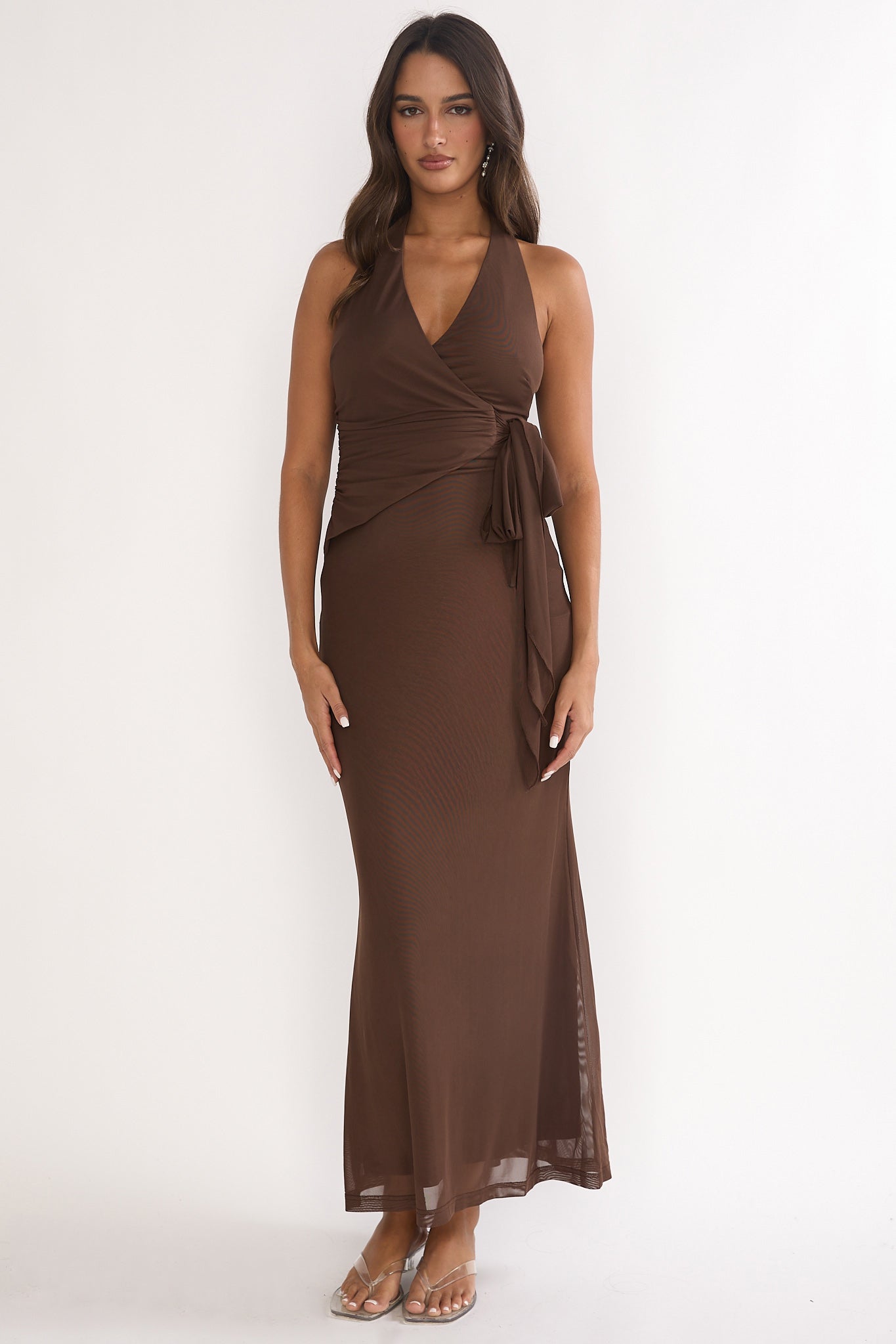 Halo Moon Wrap Front Halter Maxi Dress Chocolate by Selfie Leslie Australia