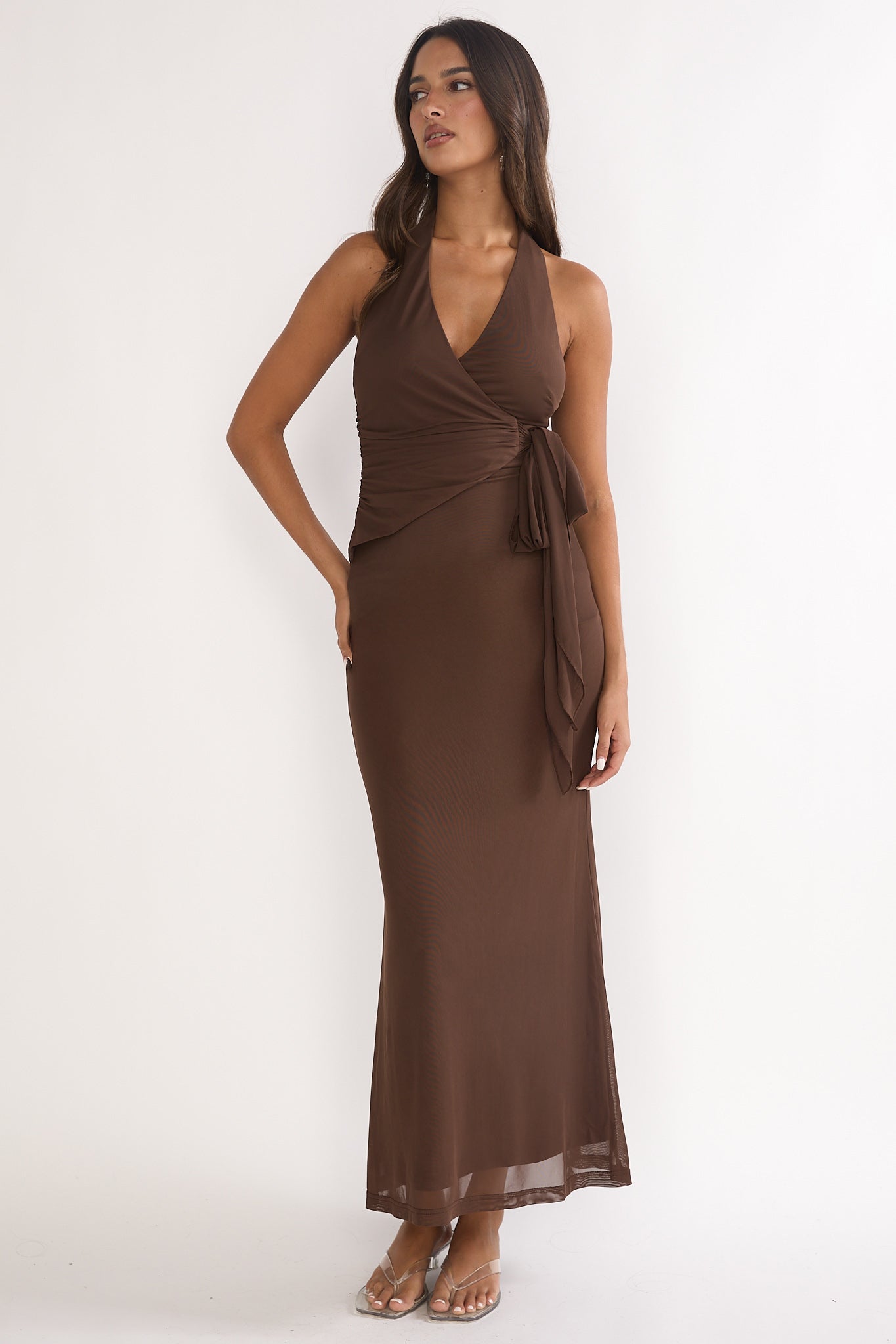 Halo Moon Wrap Front Halter Maxi Dress Chocolate by Selfie Leslie Australia