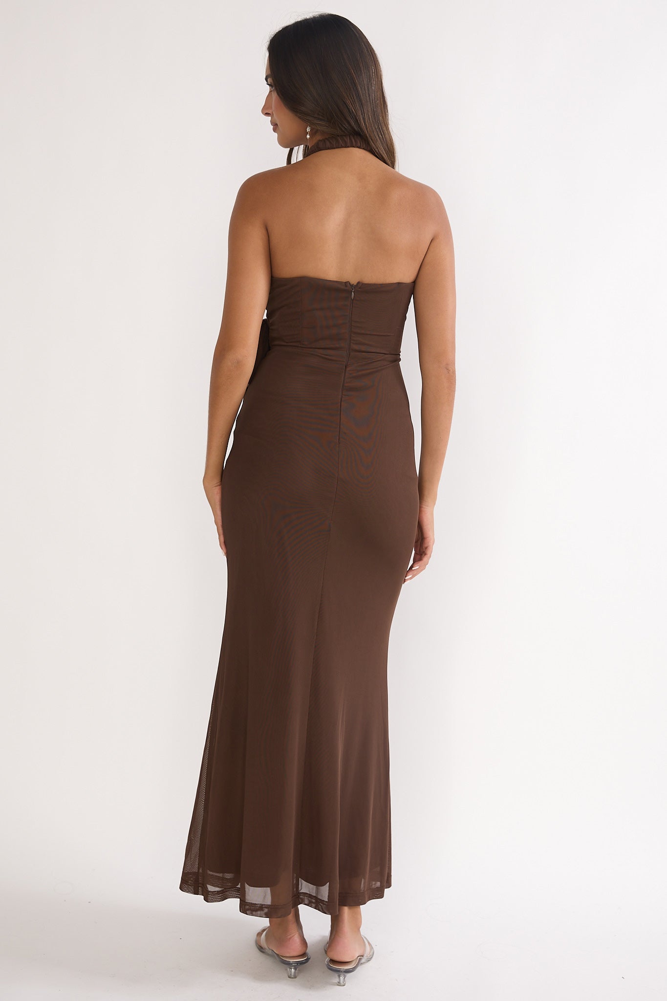 Halo Moon Wrap Front Halter Maxi Dress Chocolate by Selfie Leslie Australia