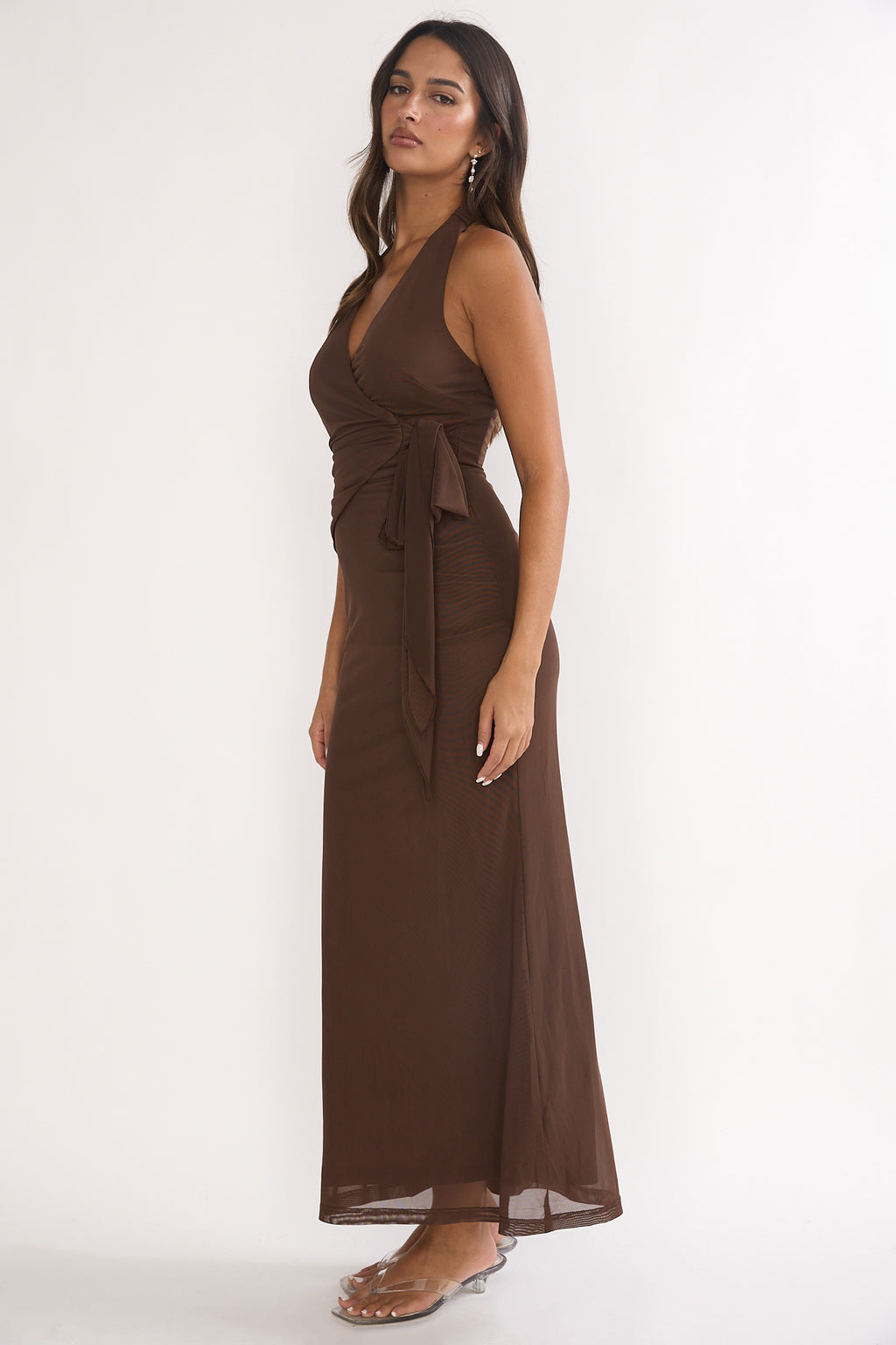 Halo Moon Wrap Front Halter Maxi Dress Chocolate by Selfie Leslie Australia