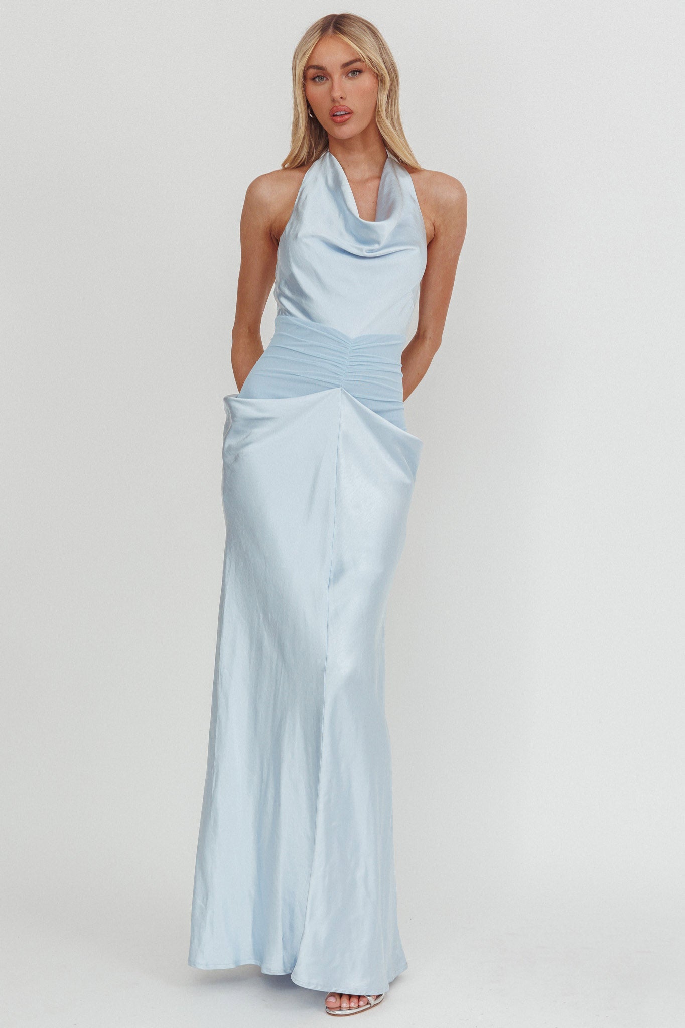 Zynthia Cowl Neck Ruched Waist Maxi Dress Ice Blue by Selfie Leslie Australia
