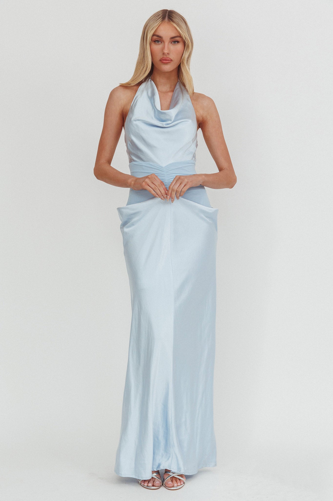 Zynthia Cowl Neck Ruched Waist Maxi Dress Ice Blue by Selfie Leslie Australia