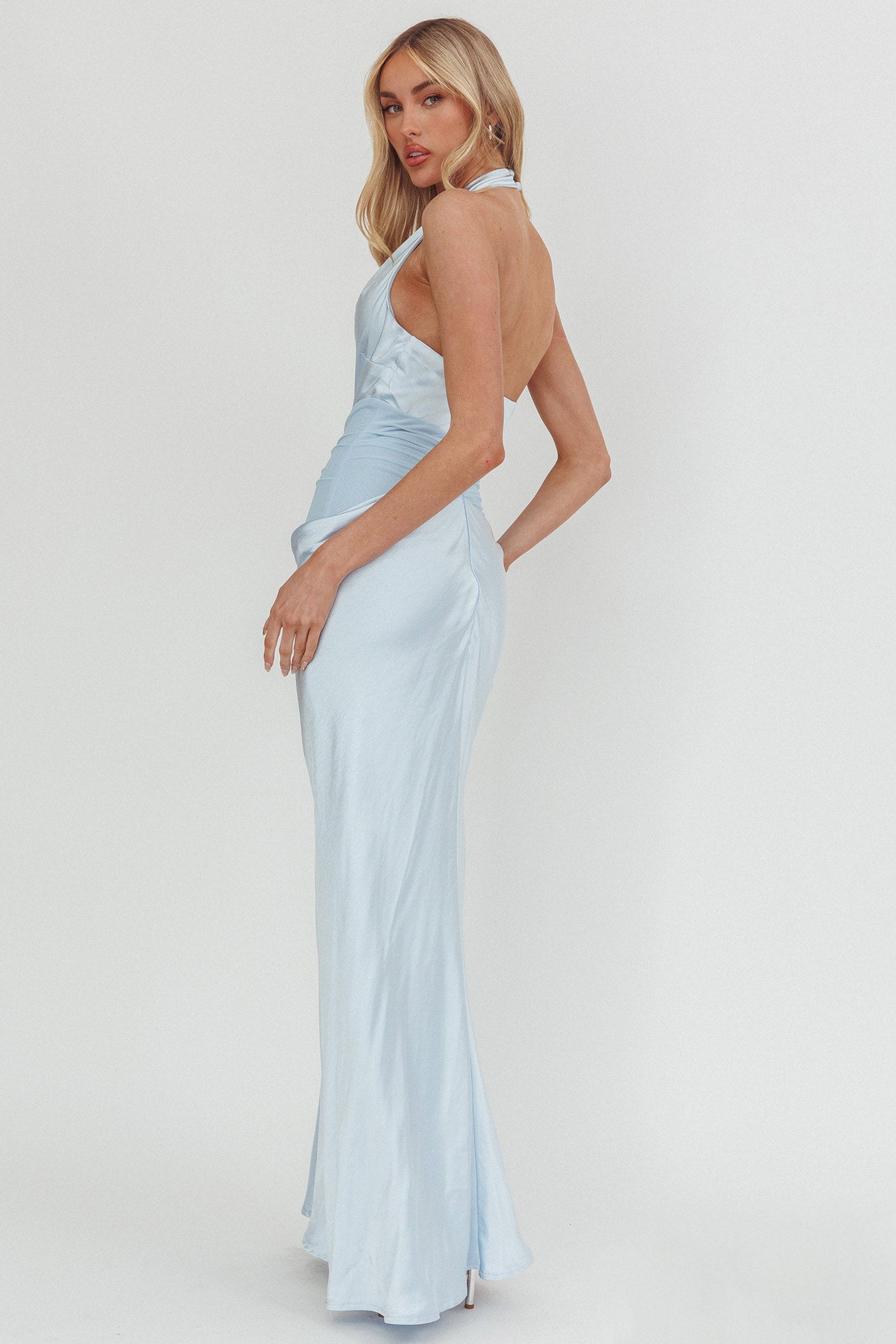 Zynthia Cowl Neck Ruched Waist Maxi Dress Ice Blue by Selfie Leslie Australia