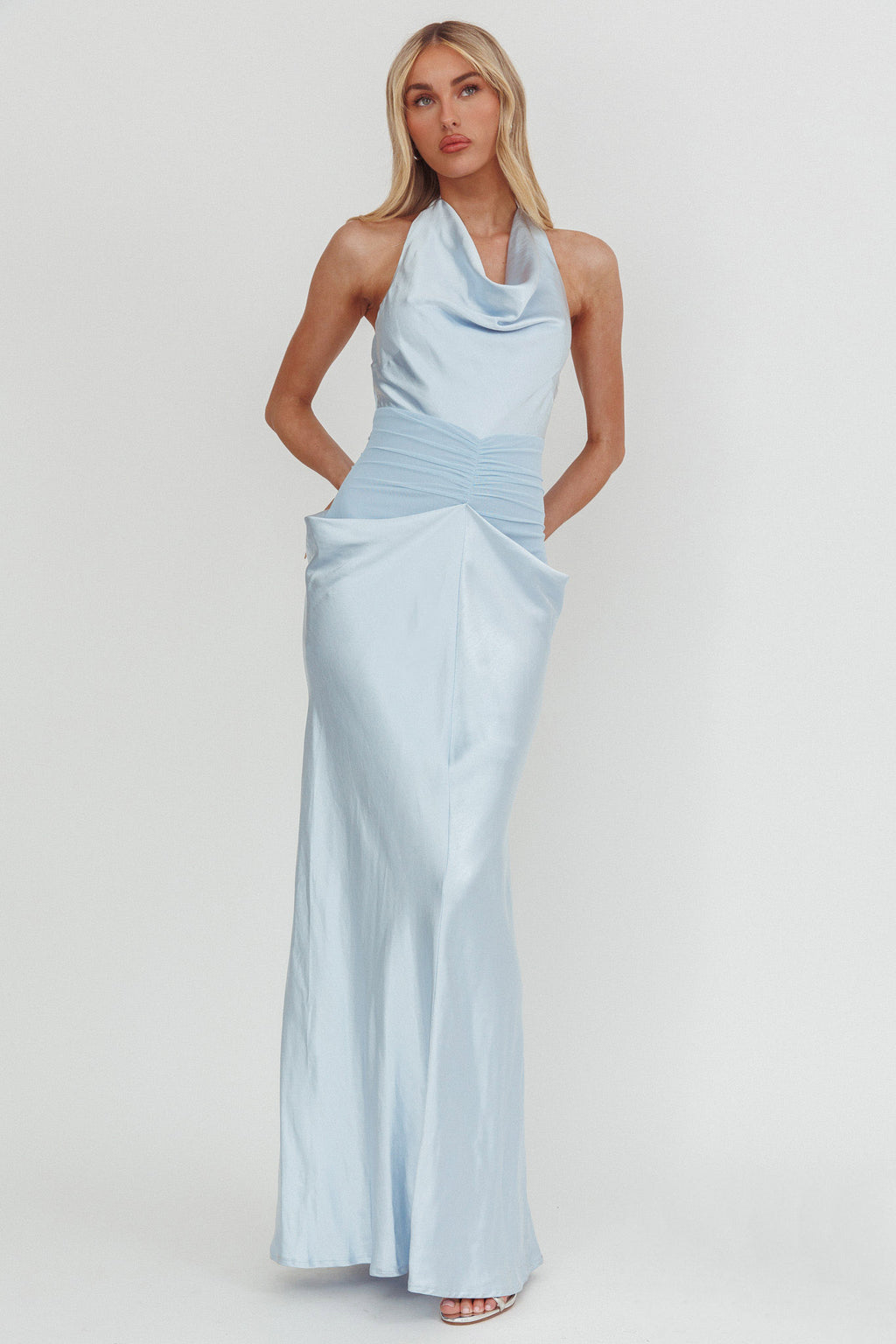 Zynthia Cowl Neck Ruched Waist Maxi Dress Ice Blue by Selfie Leslie Australia